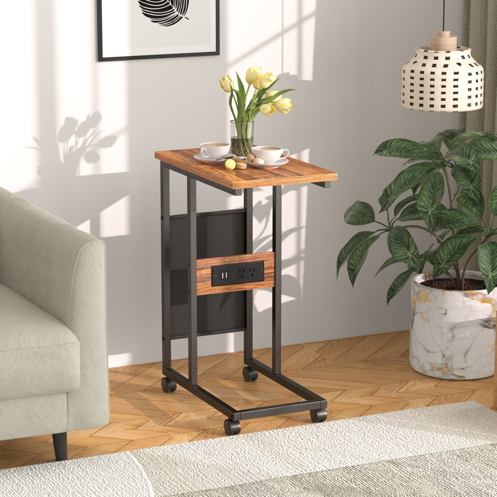 Set of 2 Adjustable Coffee Nesting Table with USB Port and Wheel for Living Room