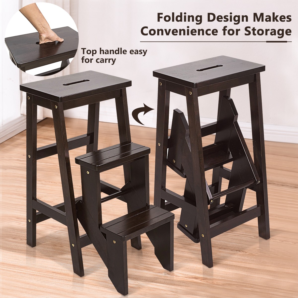 3 Tier Step Stool 3 in 1 Folding Ladder Bench Storage Shelf Brown