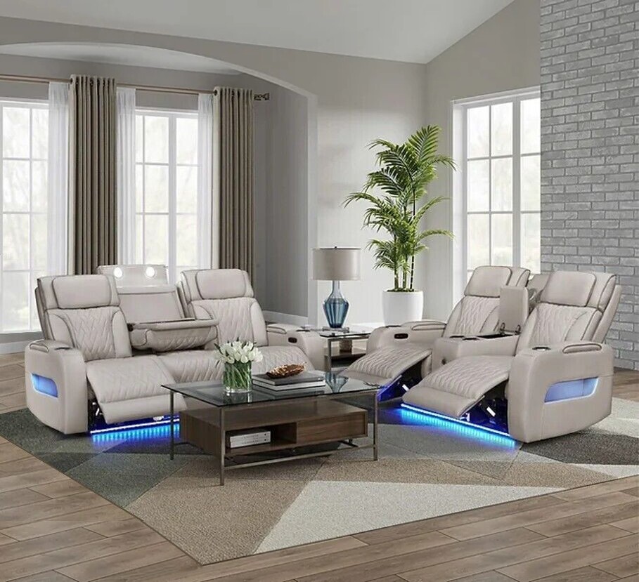 NEW LED Power Recliner & Adj Headrest 2PC Sofa Set Beige Gray Bluetooth Speaker
