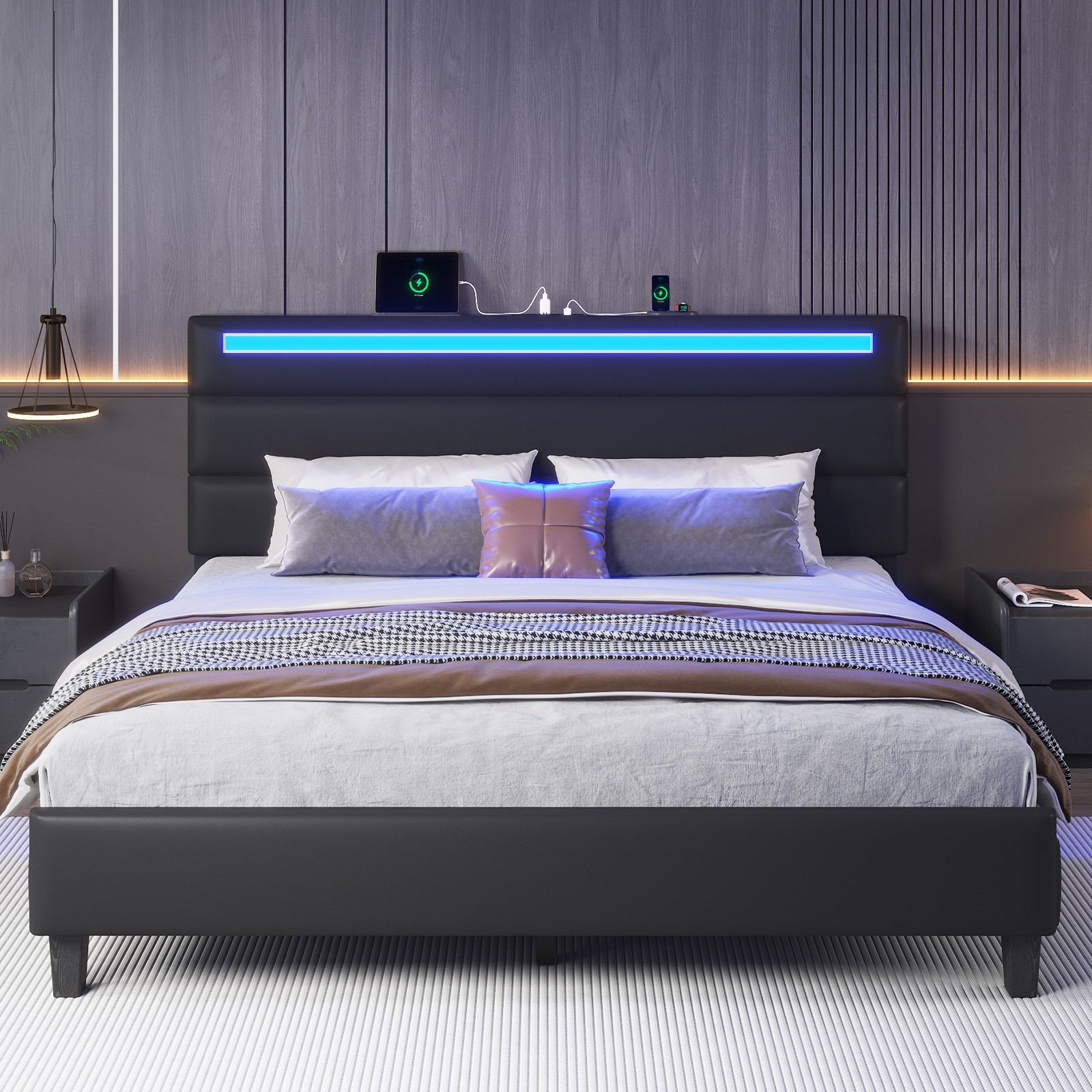 Full/Queen Smart LED Bed Frame – Soft Padded, Charging Station & Storage Shelf.