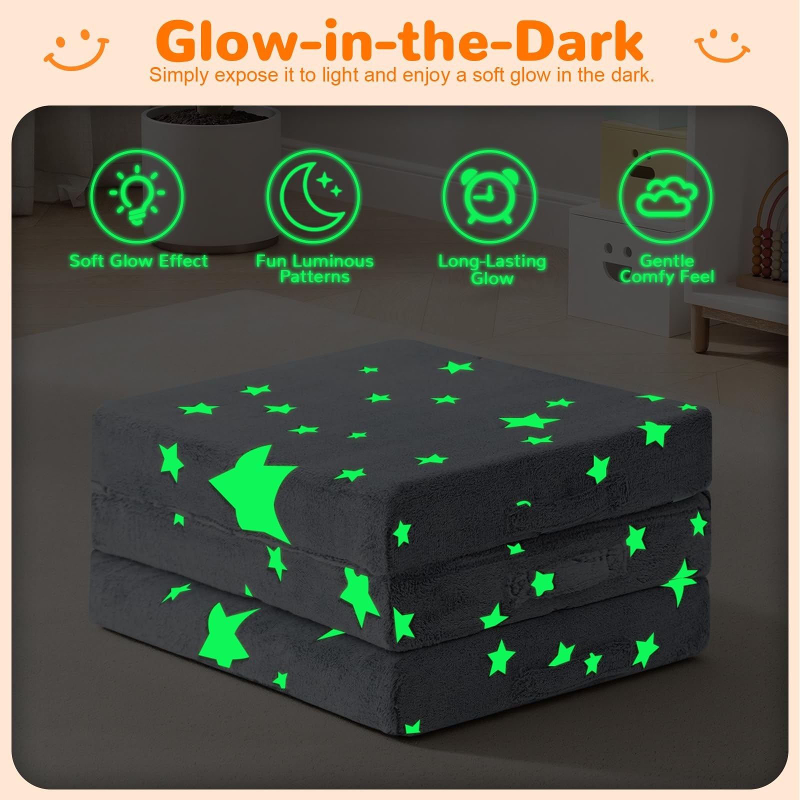 Glow Star Kids Foldable Floor Mattress Trifold, 57×22 Inch Grey