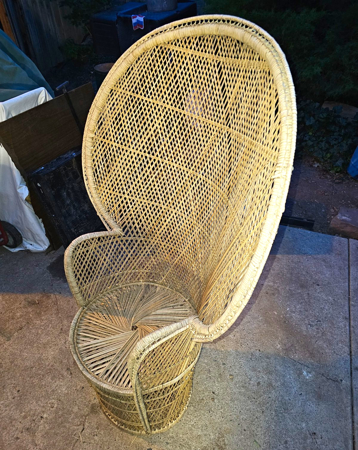 1970s Vintage Wicker Peacock High Back Accent Chair w/Arms, Beige, Solid RARE!!!