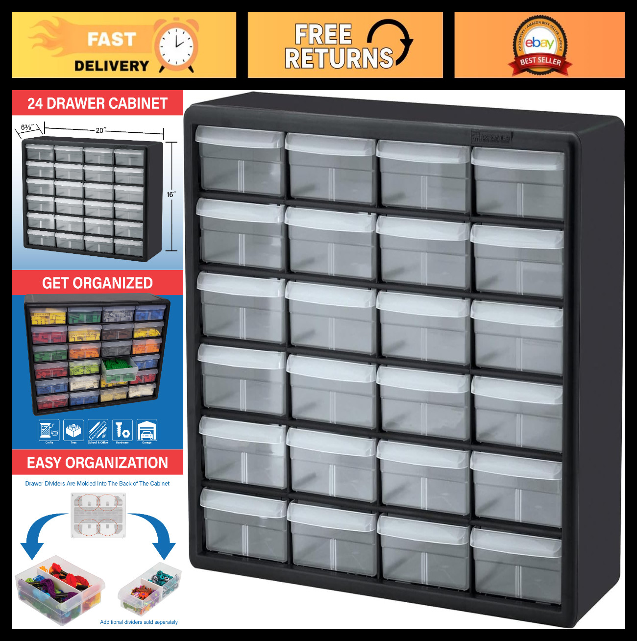 24-Drawer Plastic Storage Cabinet – 20″ W x 6″ D x 16″ H – Organizer for Garage,