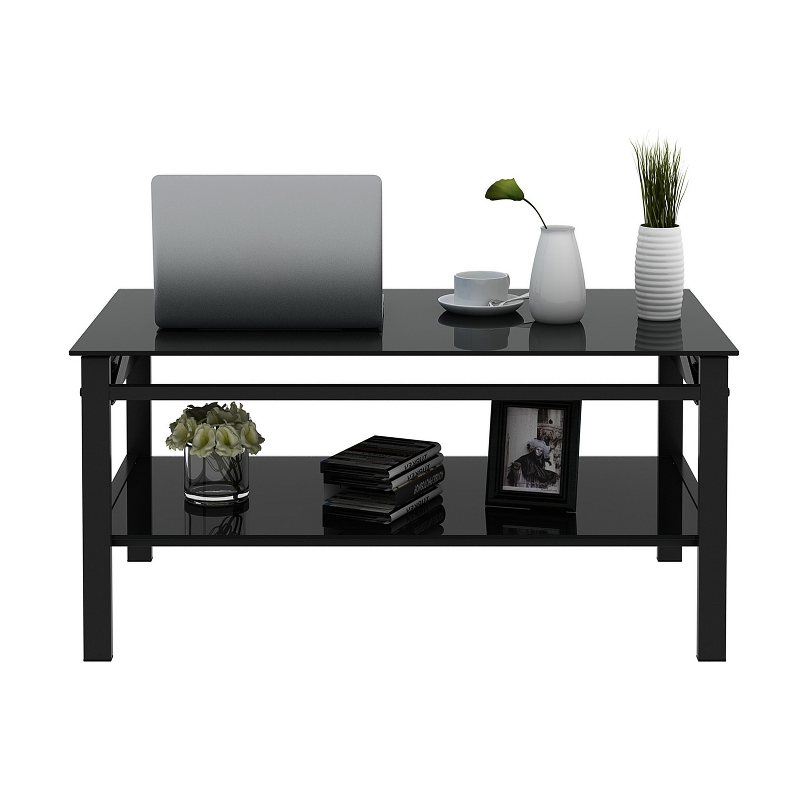 38″ All Black Tempered Glass Lift Top Coffee Table 2-Layer Home Work Centre Desk