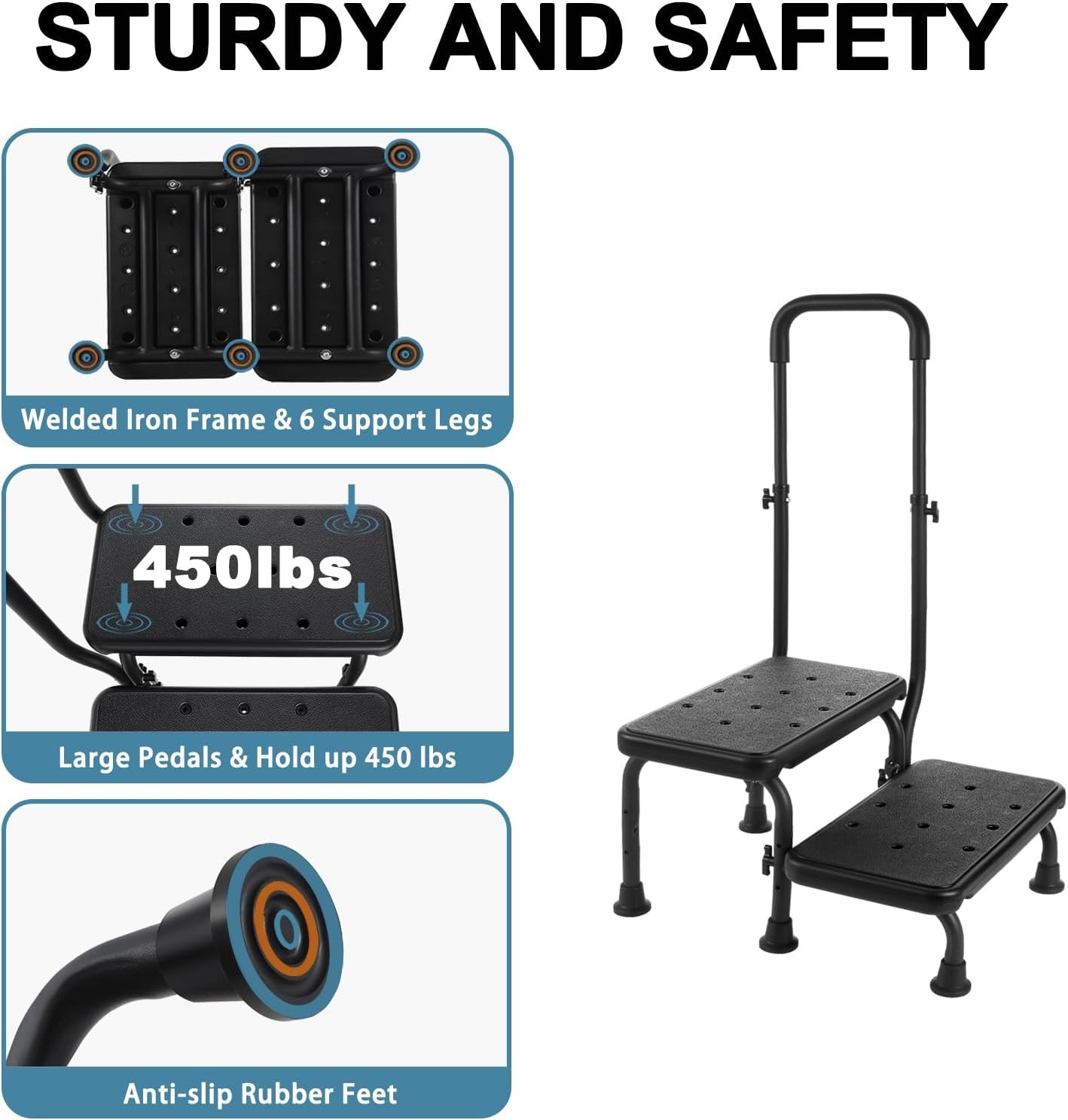 2 Step Stool with Handle for Elderly – Bed Steps for High Beds with Adjustable