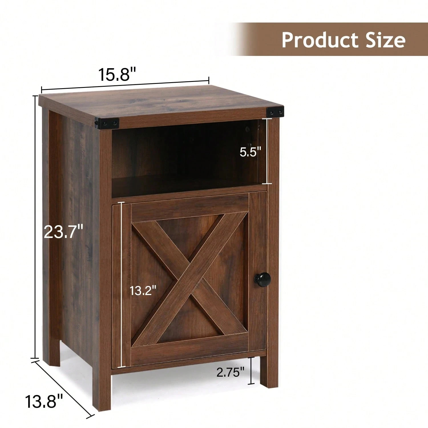 Set of 2 Farmhouse Nightstands w/ Barn Door Storage Cabinet End Tables Dark Oak