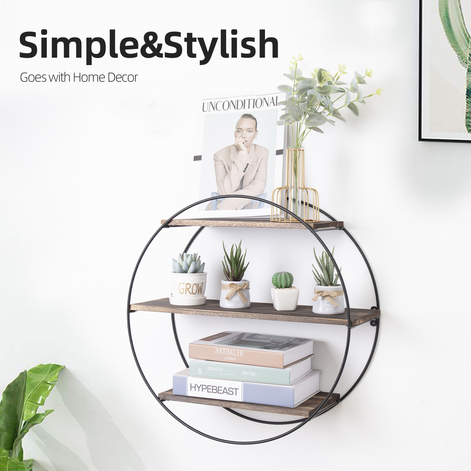 3 Tier Round Floating Shelves for Wall Mounted Metal/Wood Unique Book Display