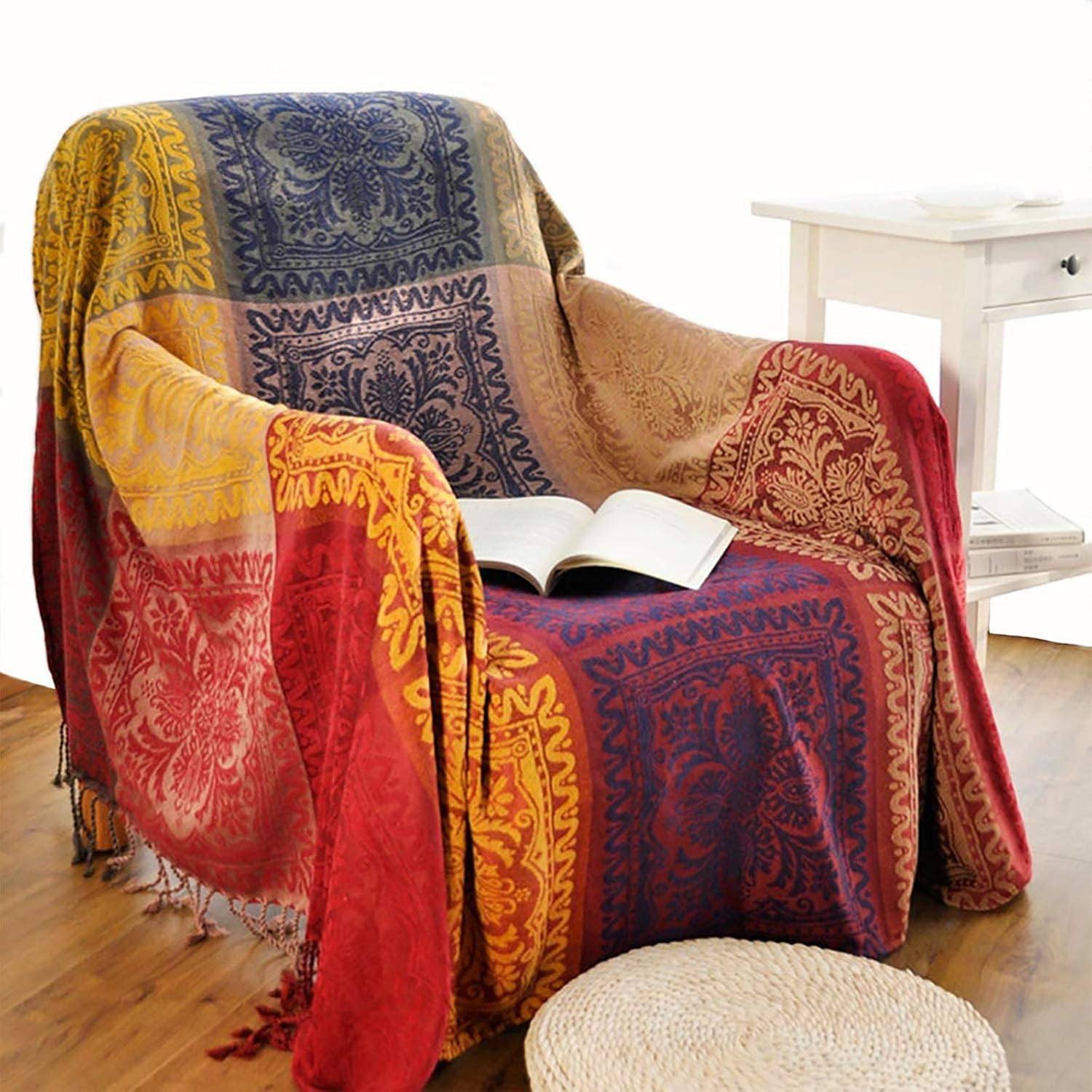 Bohemian Throw Blankets Chenille Jacquard Tassels Soft Chair Cover for Bed Couch