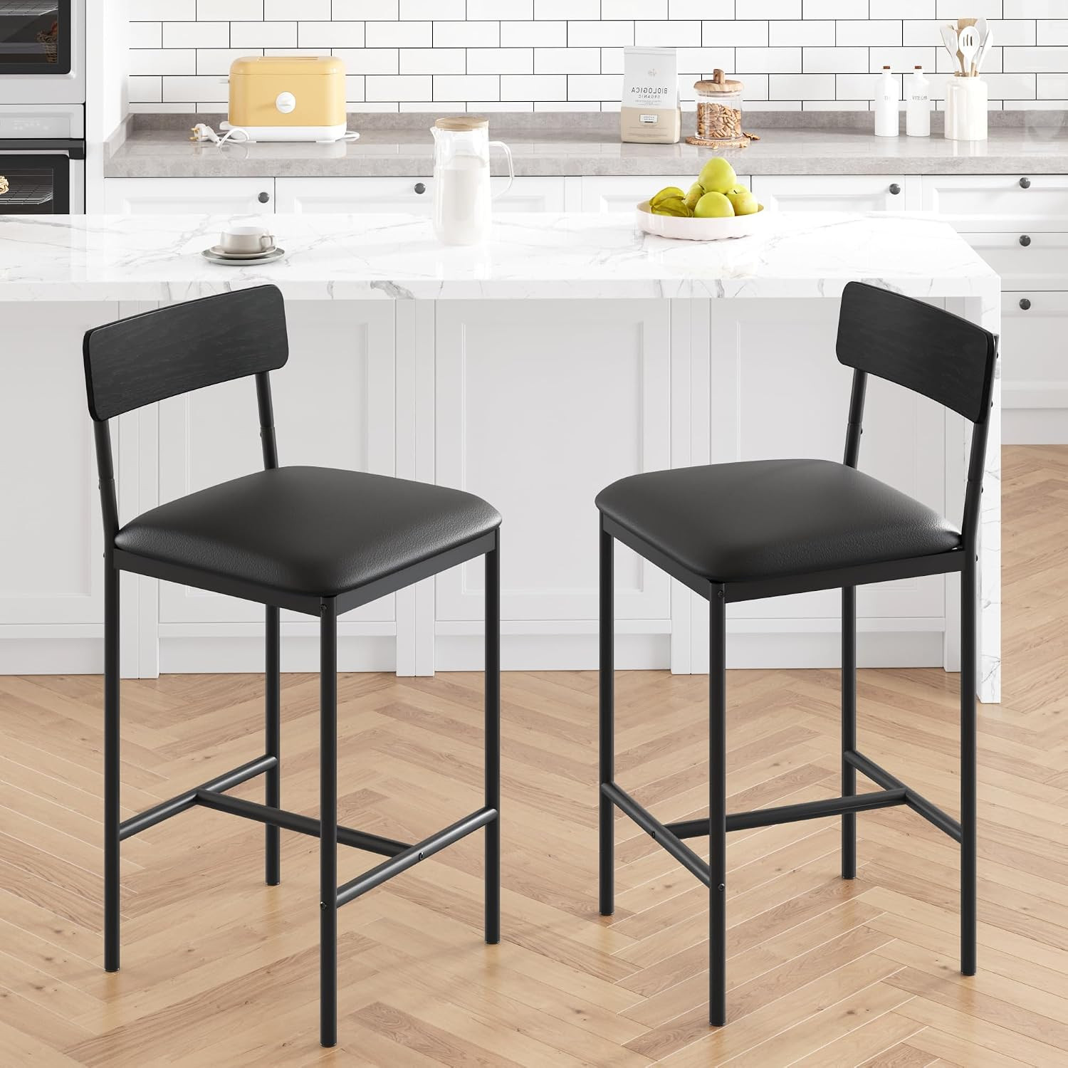 25.5″ Bar Stools Set of 2 with Backrest and Footrest, Counter Height Upholstered