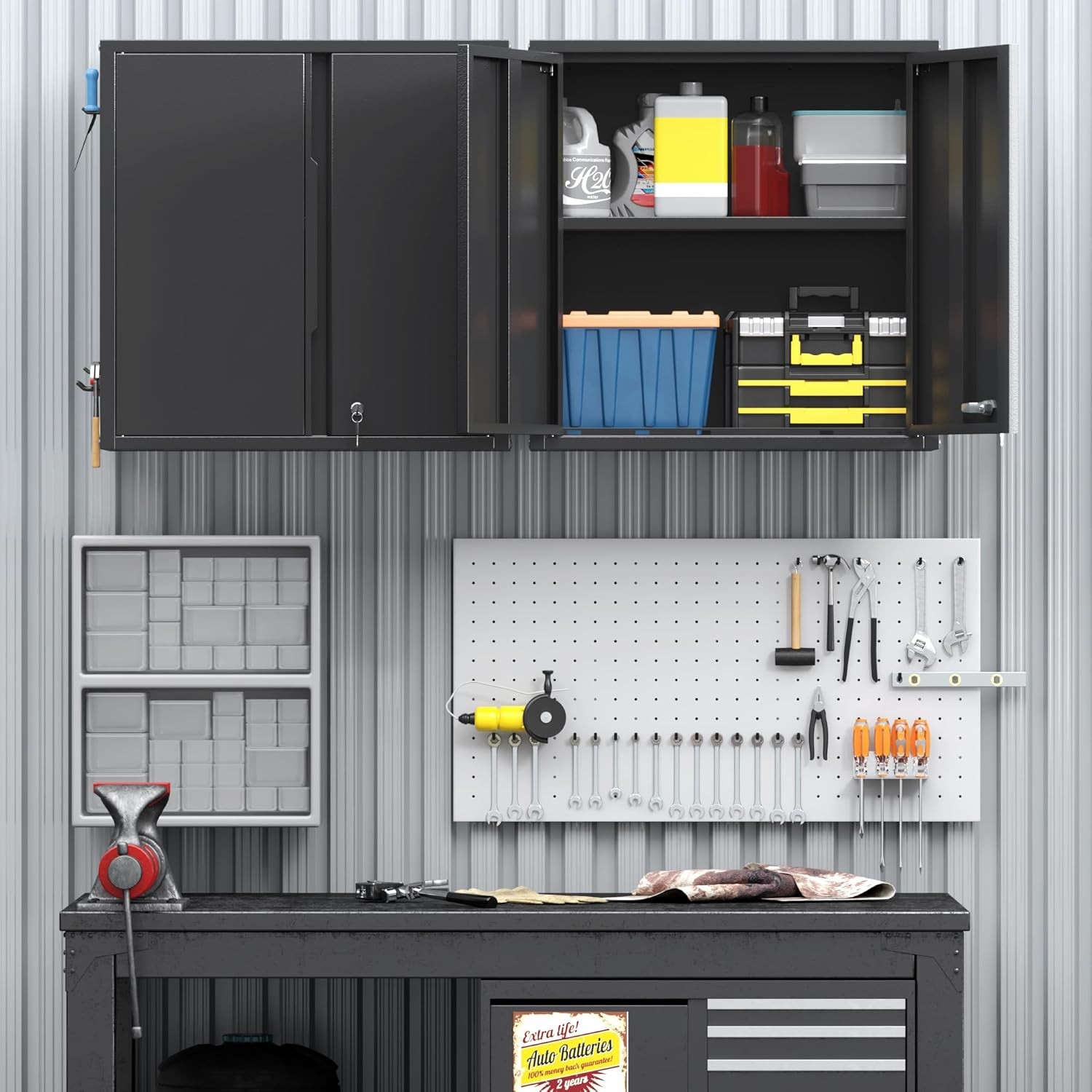 Wall Cabinet with Lockable 2-Doors Steel Garage Storage Cabinet Metal Wall Chest