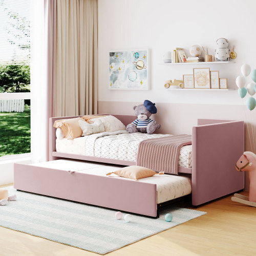 Modern Upholstered Daybed with Extendable Trundle Sofa Couch Platform Bed Frames