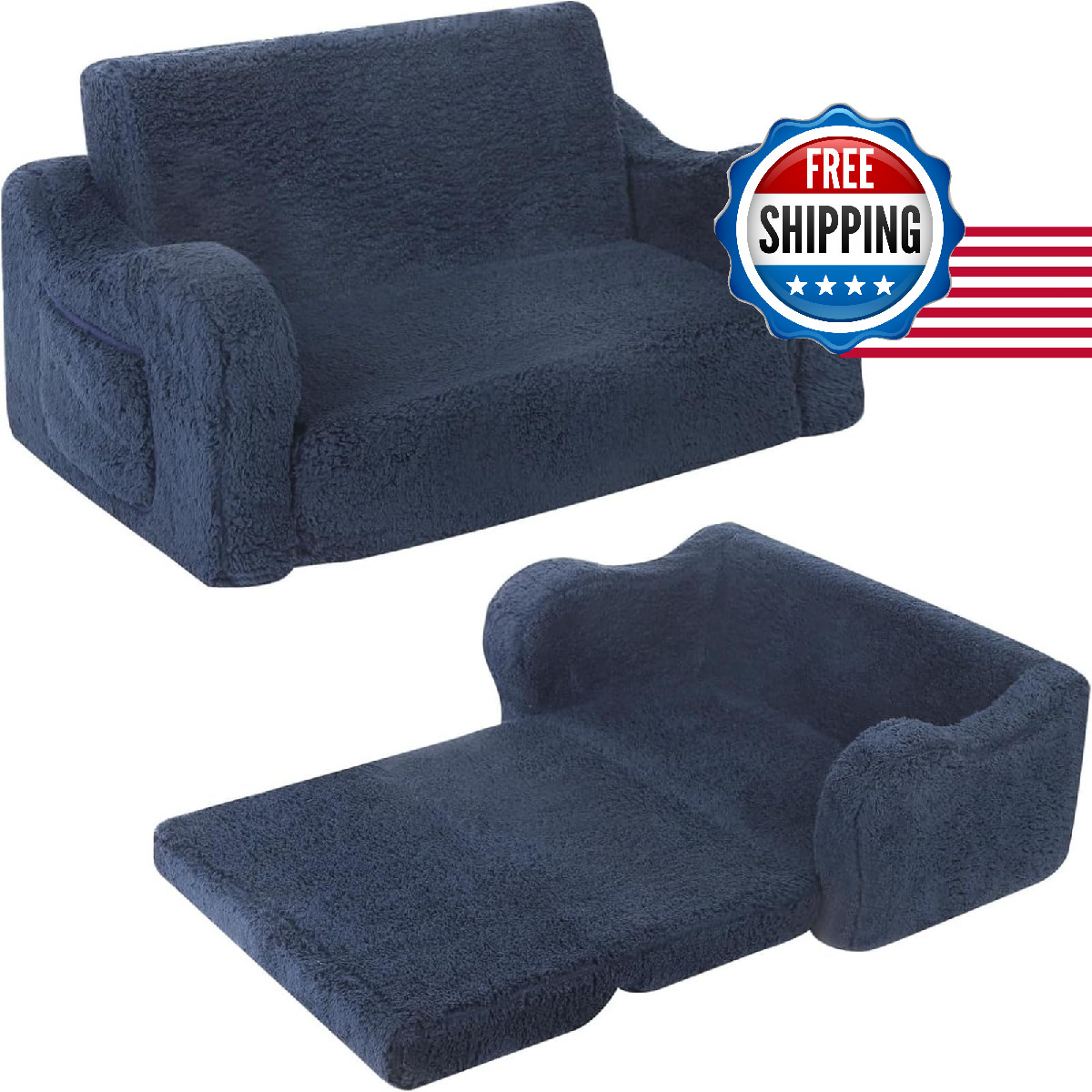 Momcaywex Kids Sofa 2-In-1 Flip-Out Foam Couch Soft Sherpa Cover Cozy Play