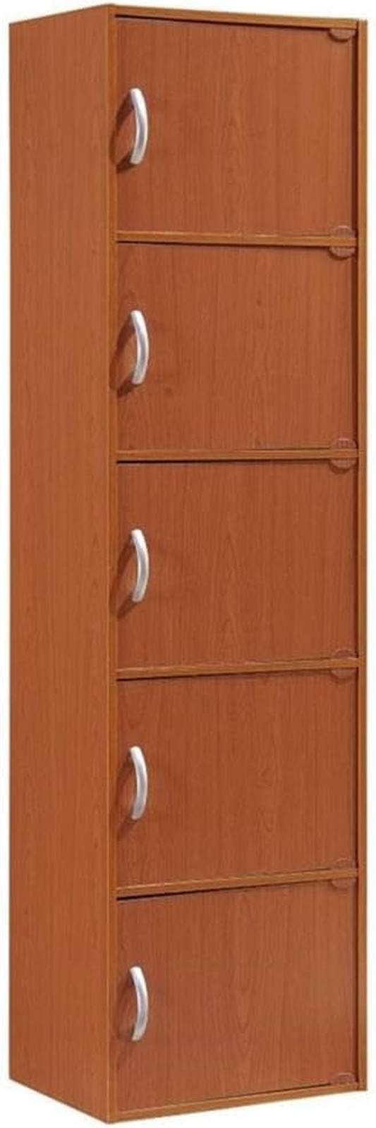 5 Shelf 5 Door Bookcase, Cherry Finish, 59 in H X 15.9 in W X 11.75 in D