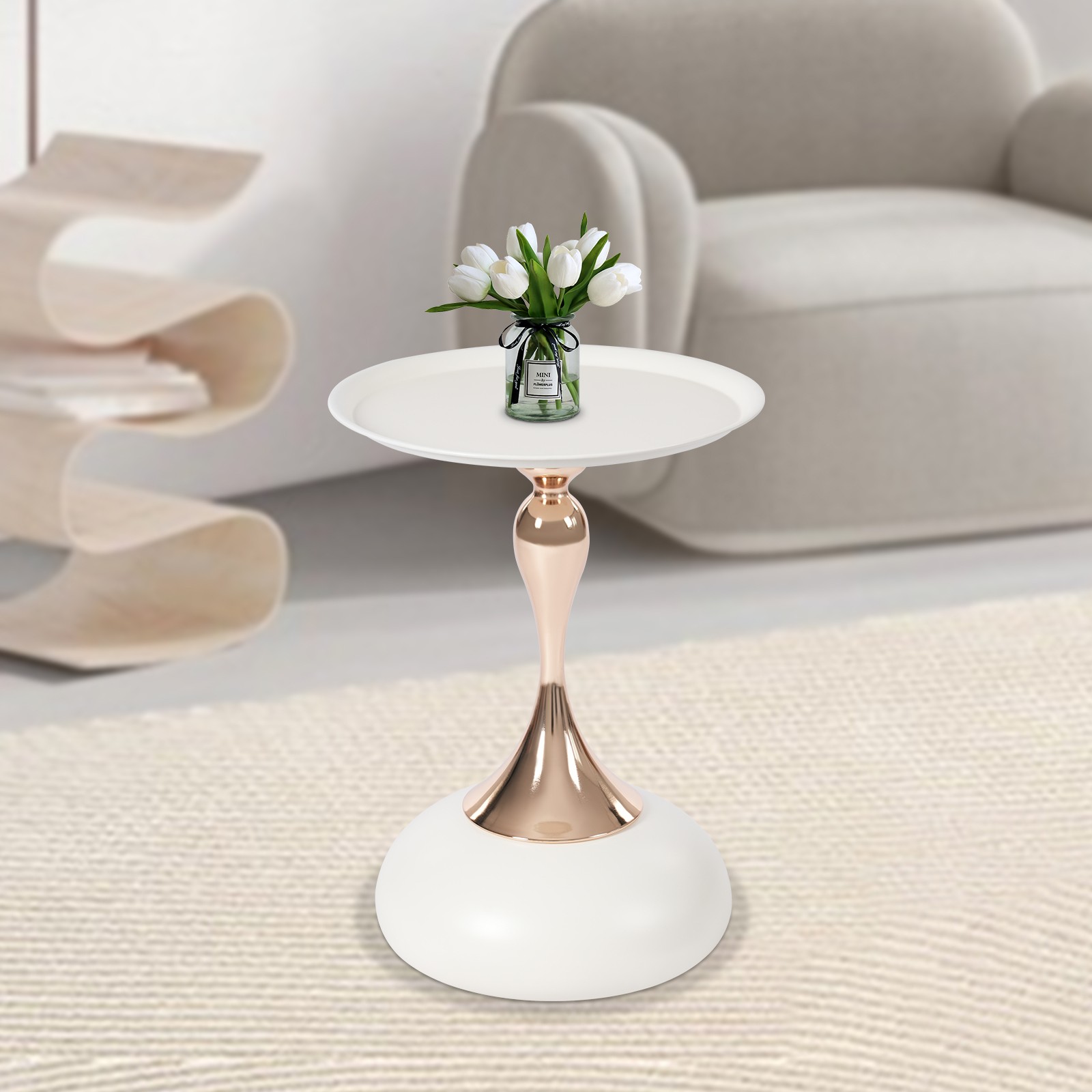 Round Metal Tray End Table White 15.74 × 21.65 Inch Modern