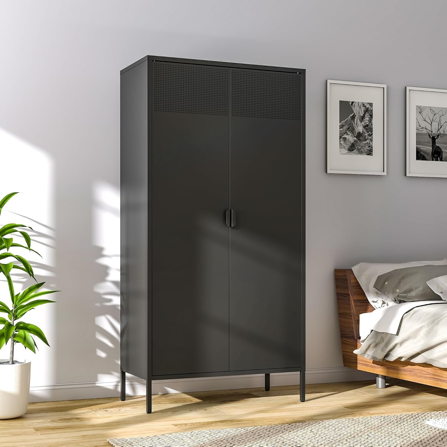 71″ Black Metal Closet Storage Space, Metal Closet with Hanging RodFor Bedroom