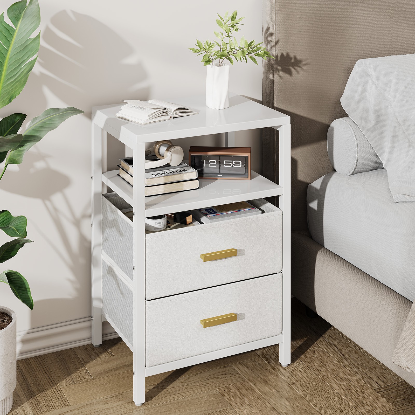 Bedside End Table Particle Board Modern Nightstand With 2 Fabric Drawers For