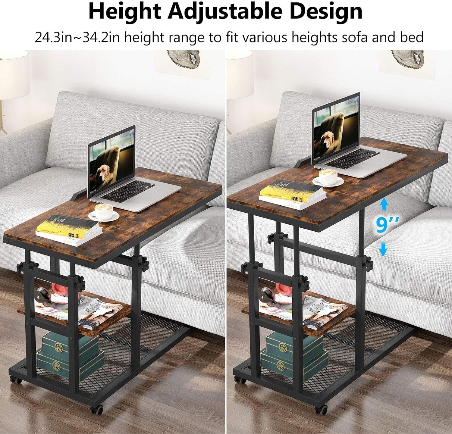 Tribesigns Height Adjustable C Table with Wheels, Mobile Couch Snack Side Table
