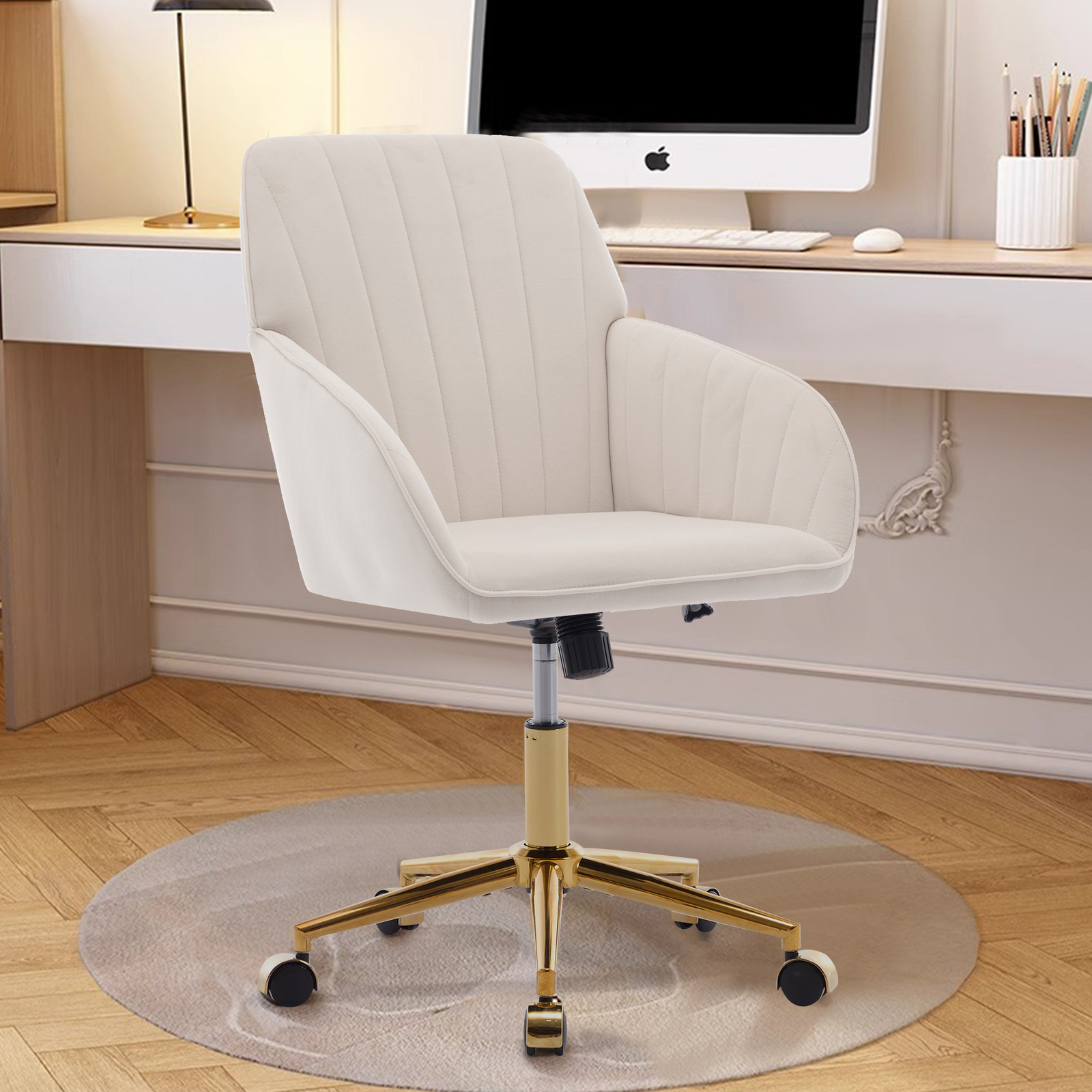 Office Chair Beige with Backrest 360-Degree Rotation Height Adjustable Metal