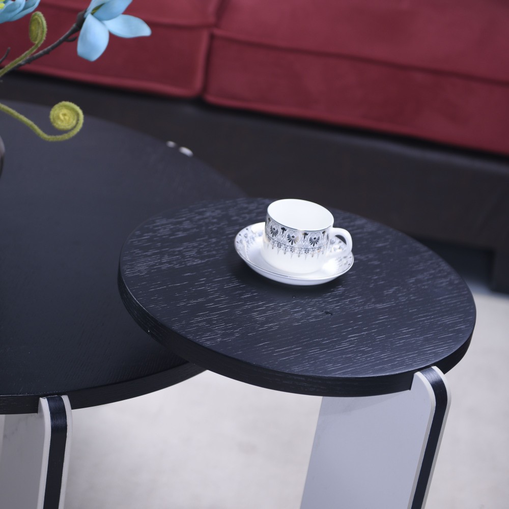 32.68 and 16.93 Inch Round Coffee Table and End Table Set with Black Oak Veneer
