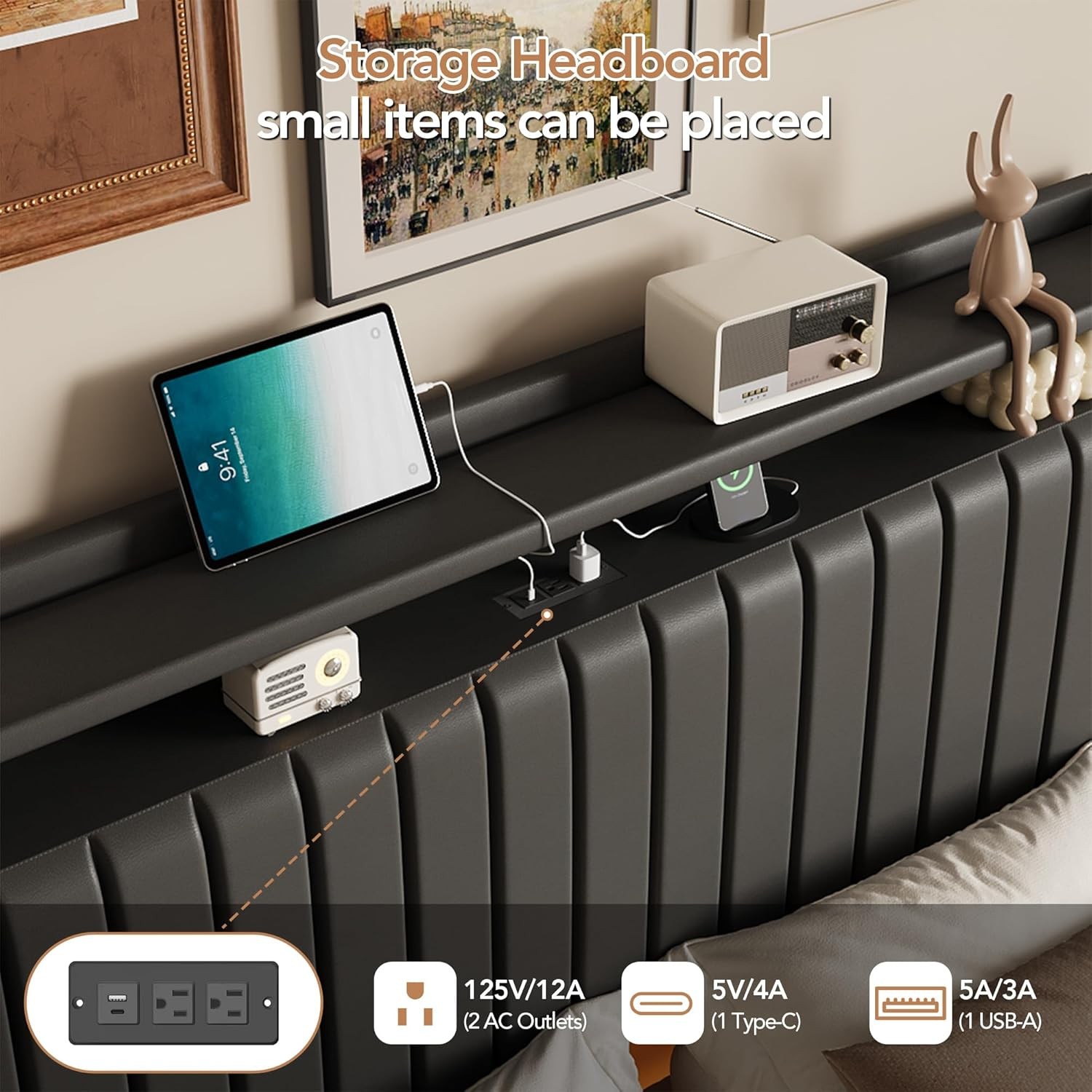 Floating Bed Frame W/ Storage, RGB Lights & Charging Station, No Box Spring