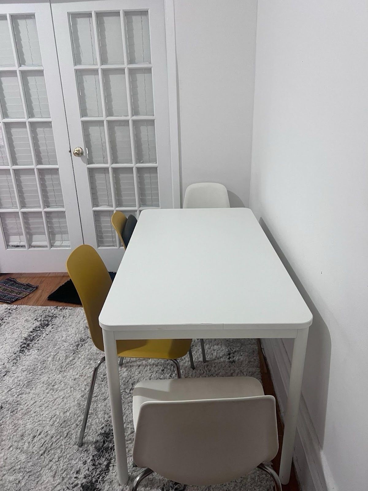 White and Yellow Rectangular Dining Table Set, 4 Chairs, Plastic & Metal, Modern
