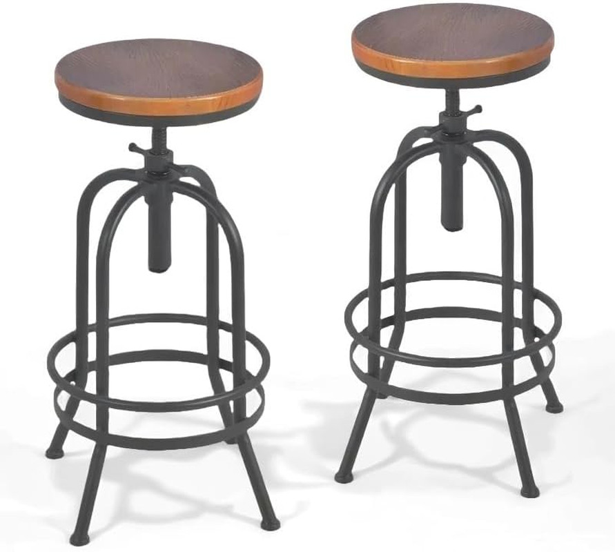 Set of 2 Adjustable Industrial Bar Stools – Retro Swivel Black 26-32.3