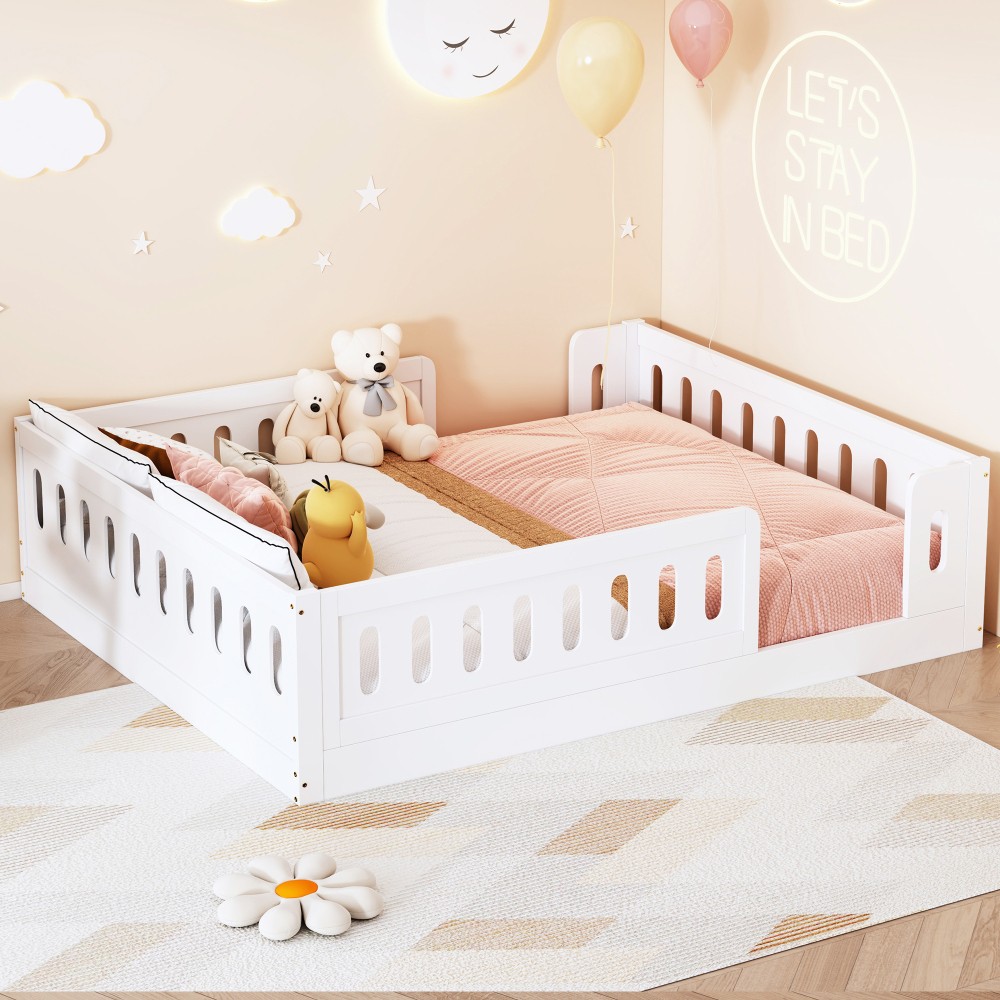 Wood Full Size Platform Bed with Guardrail, White / Natural Bed Frame