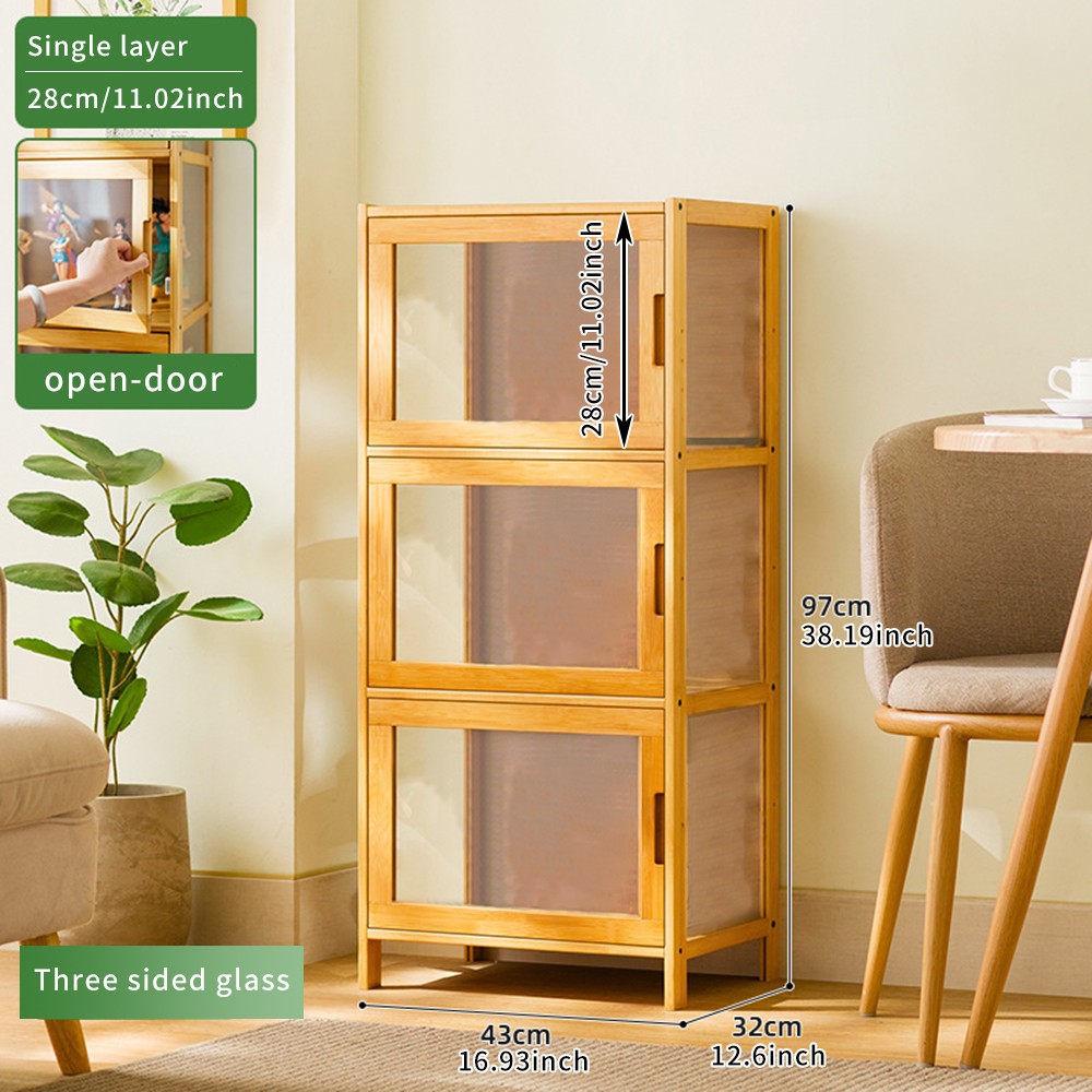 3 Tier Bamboo Display Cabinet with Acrylic Door Toy Storage Shelf & Cabinet