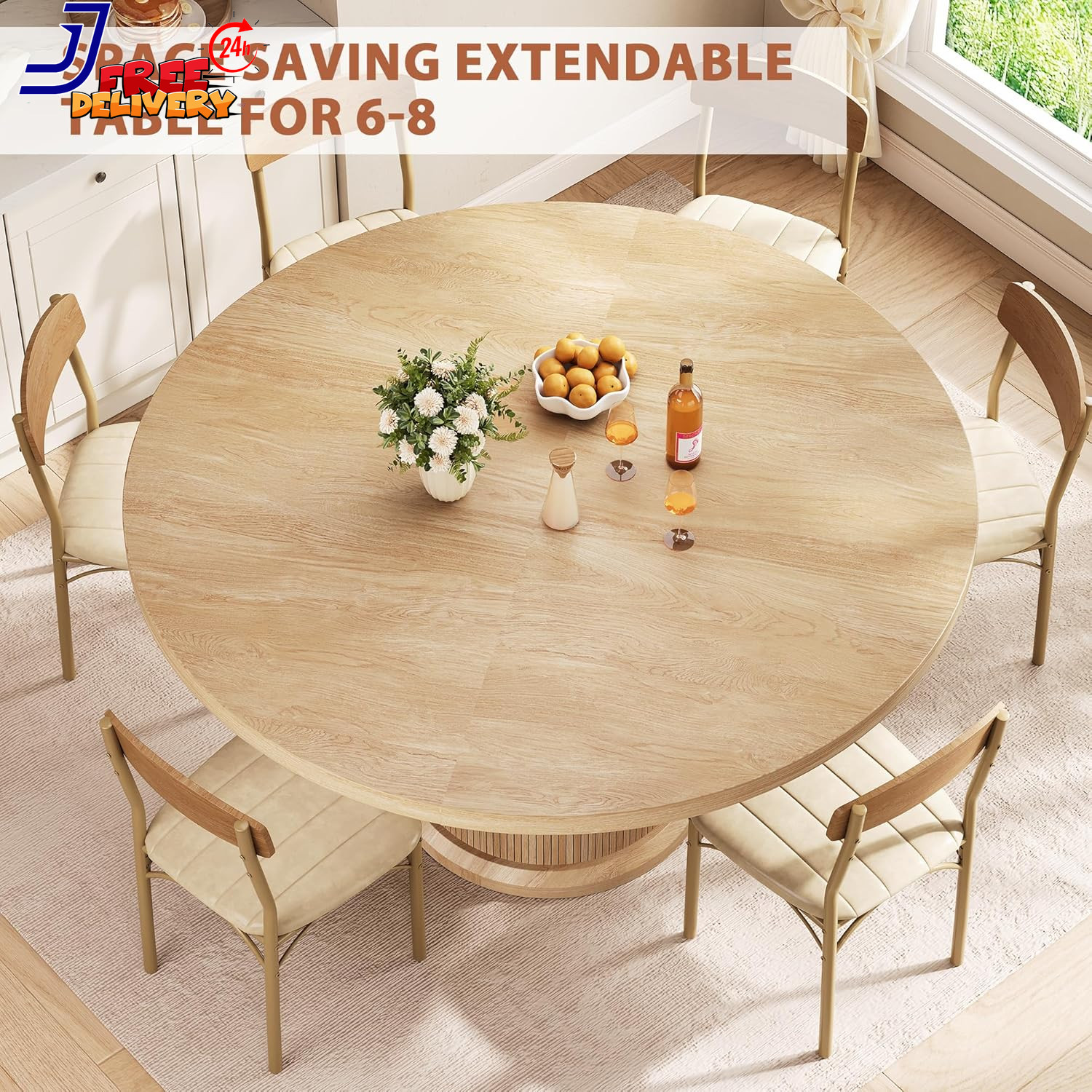 Extendable Round Dining Table for 4-8 with Storage Shelf Natural Wood Finish