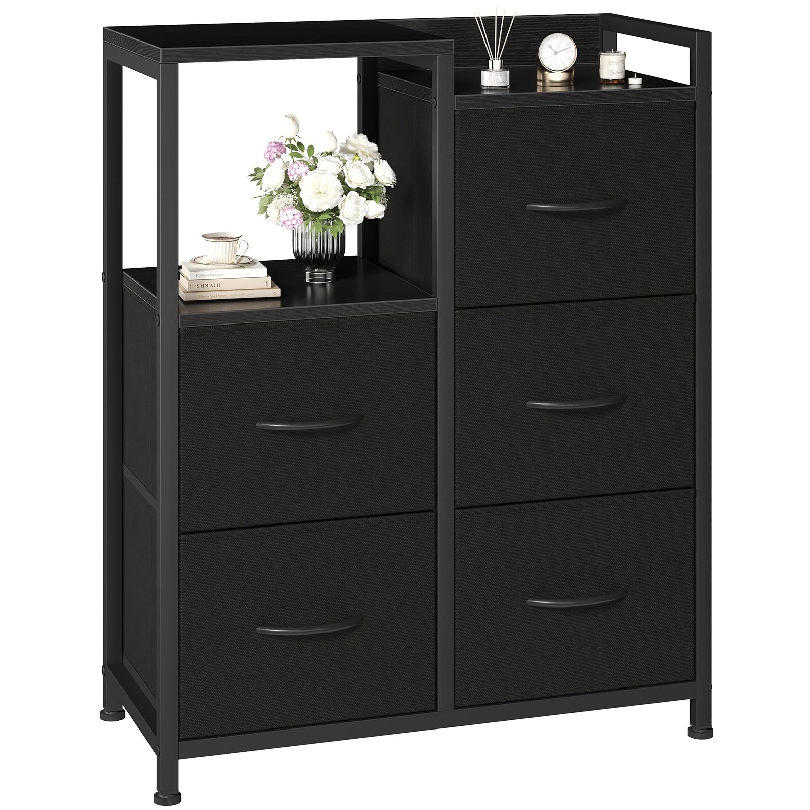 5 Fabric Drawers Dresser with Open Shelf & Metal Frame,Storage Organizer Tower
