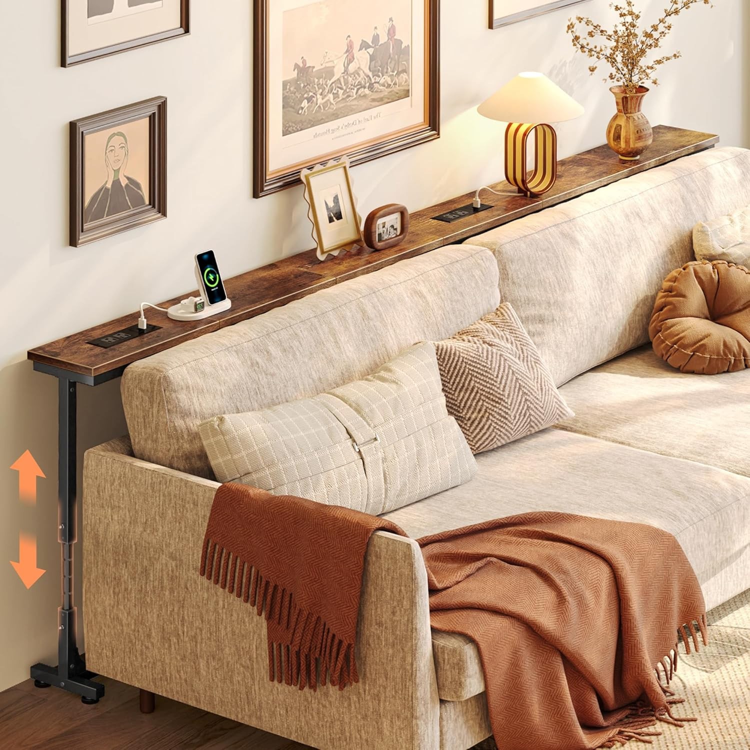 Huuger 78.7 Inch Height Adjustable Behind Couch Table with Power Outlets, 23.9’’