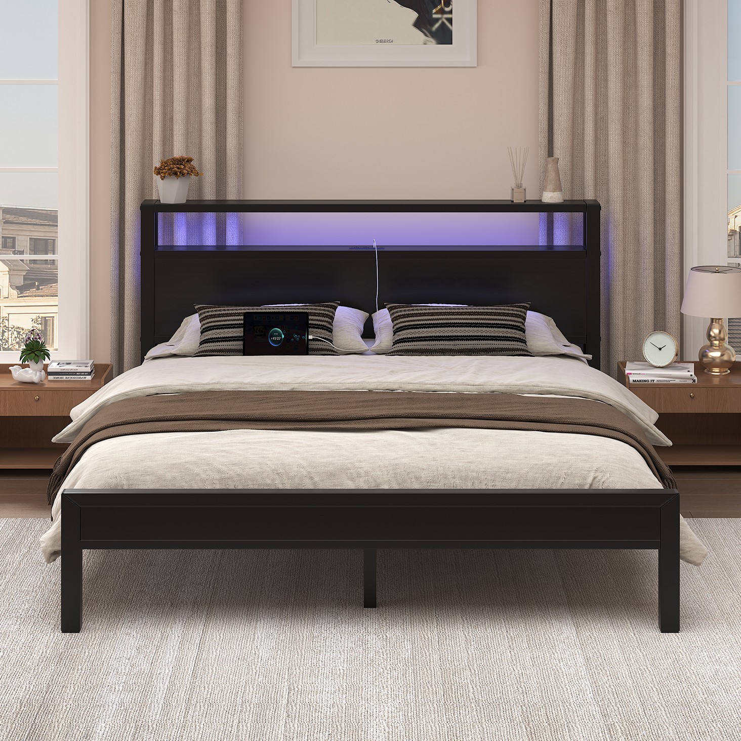 Full/Queen/King Size Bed Frame with 2-Tier Storage and LED Lights Headboard