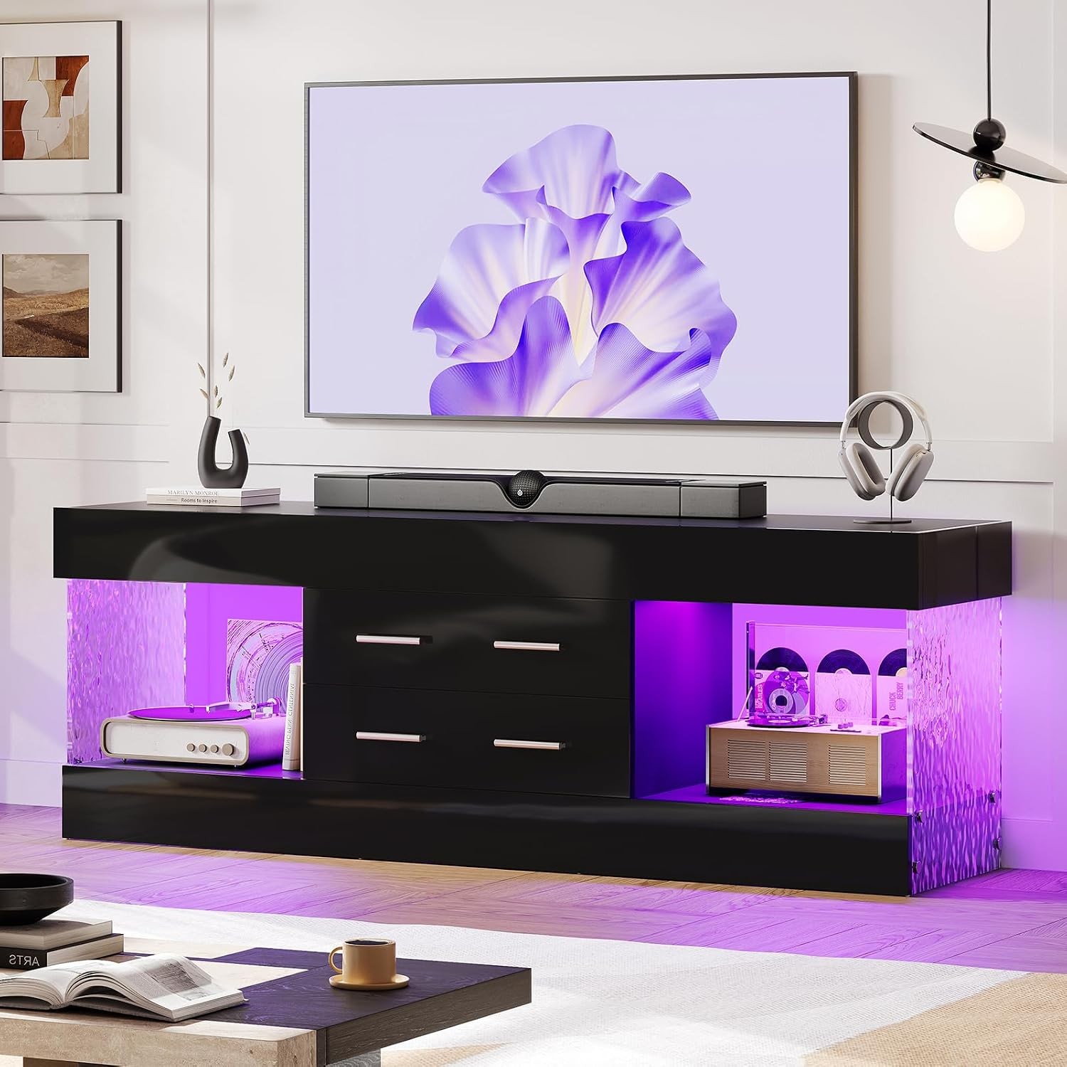 TV Stand for 65 Inch TV Modern Black Entertainment Center | High Gloss Black