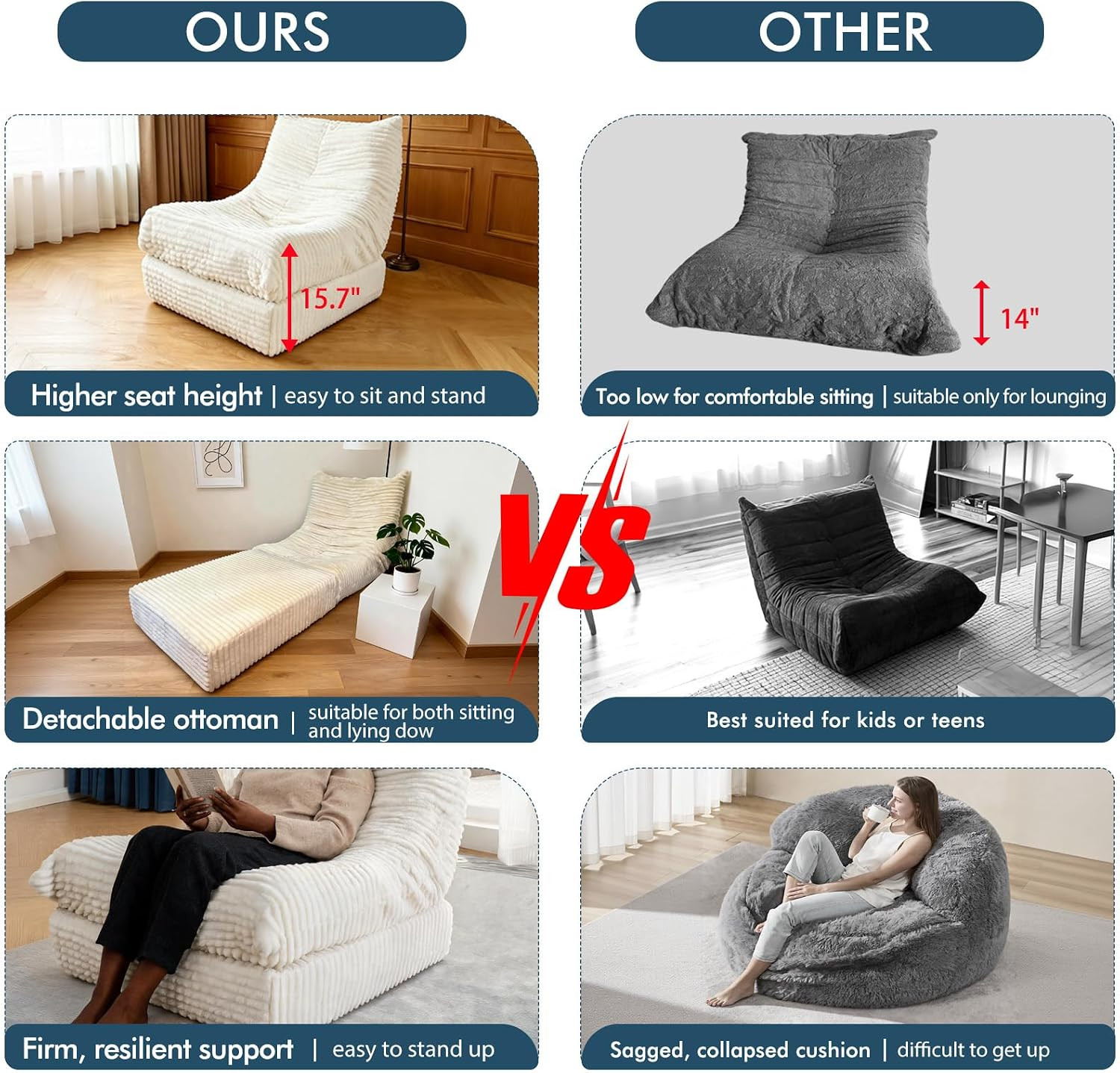 Ergonomic Modular Foam Chair & Ottoman – Soft Corduroy, Easy to Move