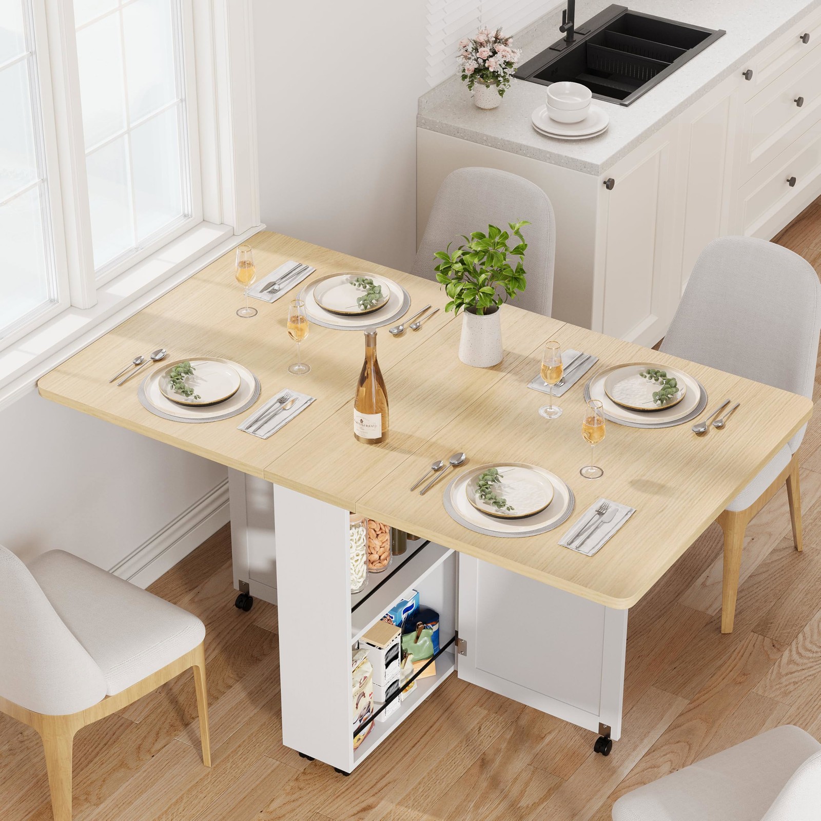 Table with Storage, Space Saving Kitchen Table with 6 Wheels Dining Folding