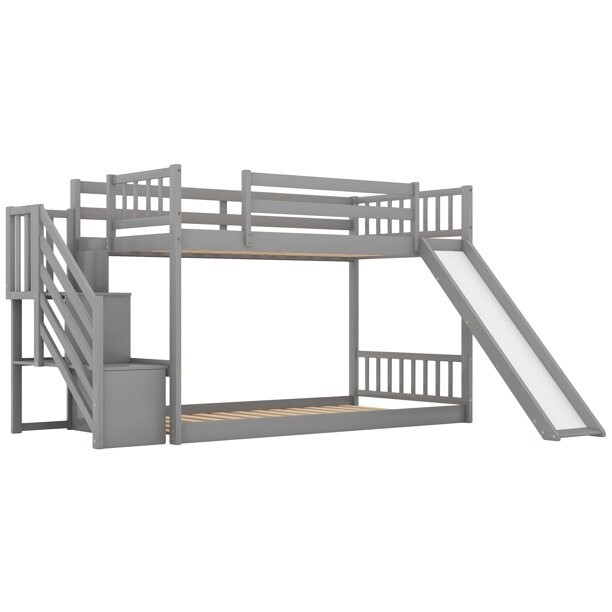 Bunk Bed Twin Over Twin with Slide and Stairway for Kids