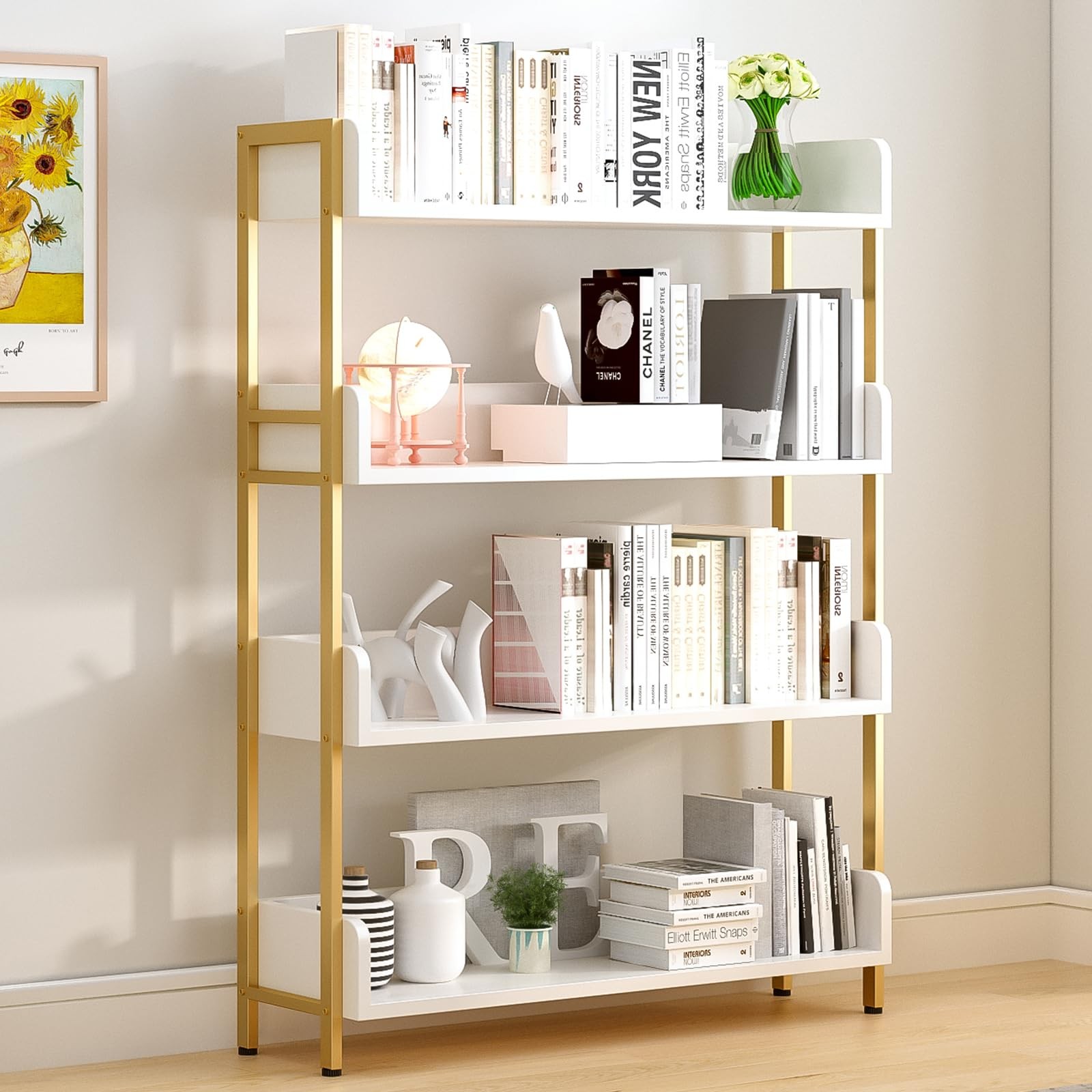 Wide Open Shelf Bookcase, 4-Tier, White with Gold Frame
