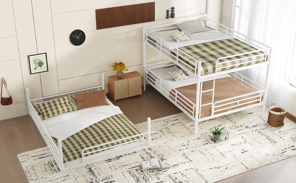 Queen over Queen over Queen Bunk Bed,Metal Triple Bunk Bed with Safety Guardrail