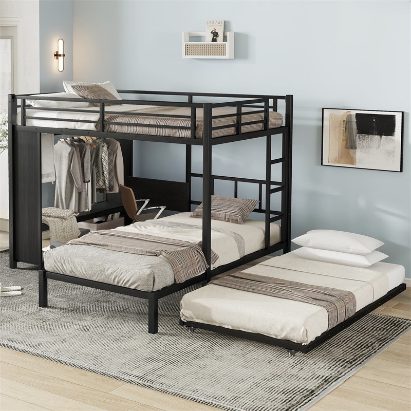 Full over Twin Bunk Bed with Built-in Wardrobe Metal Bunk Bed with Foldable Desk