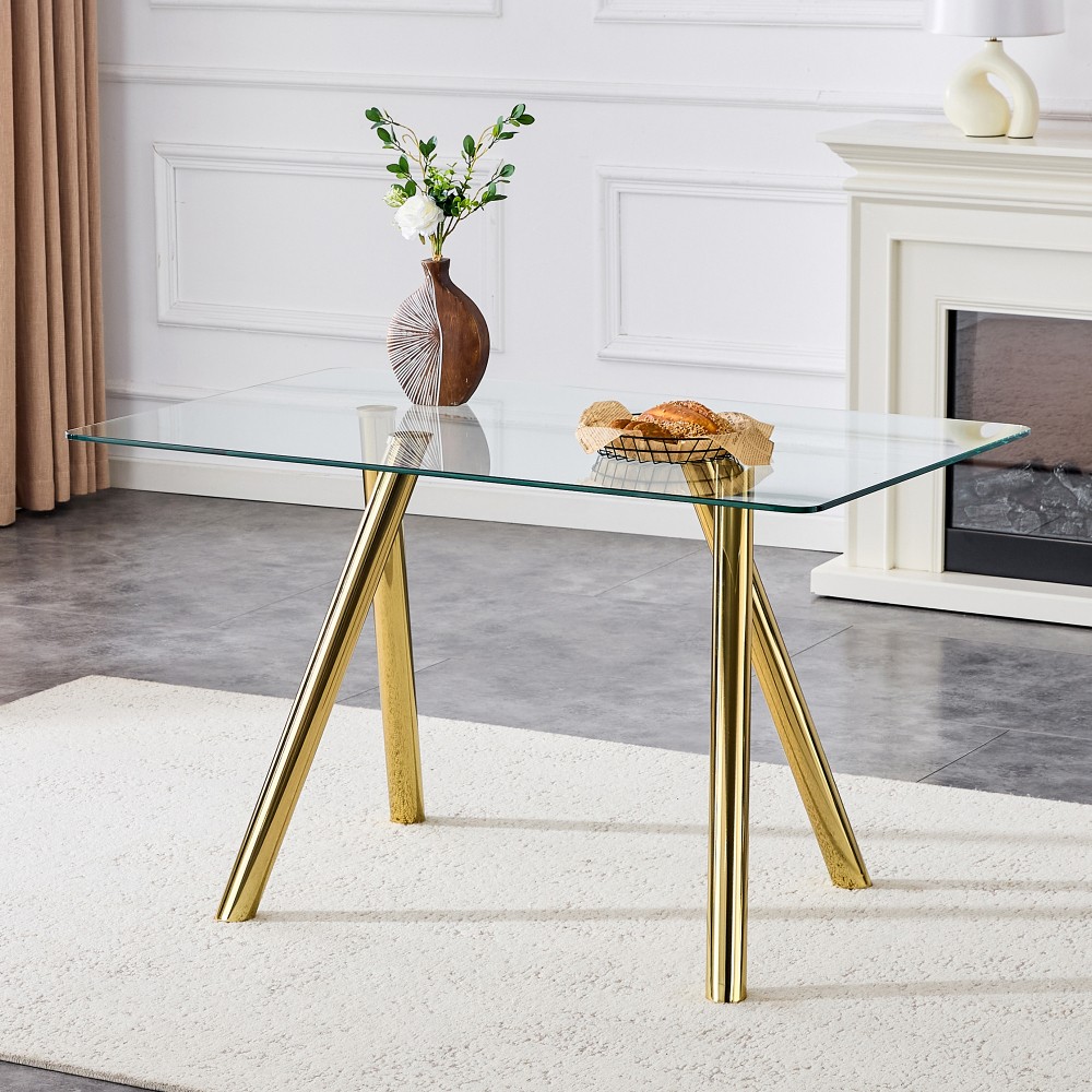Dining Table with Metal Legs Features Tempered Glass Top Rounded Corner Design
