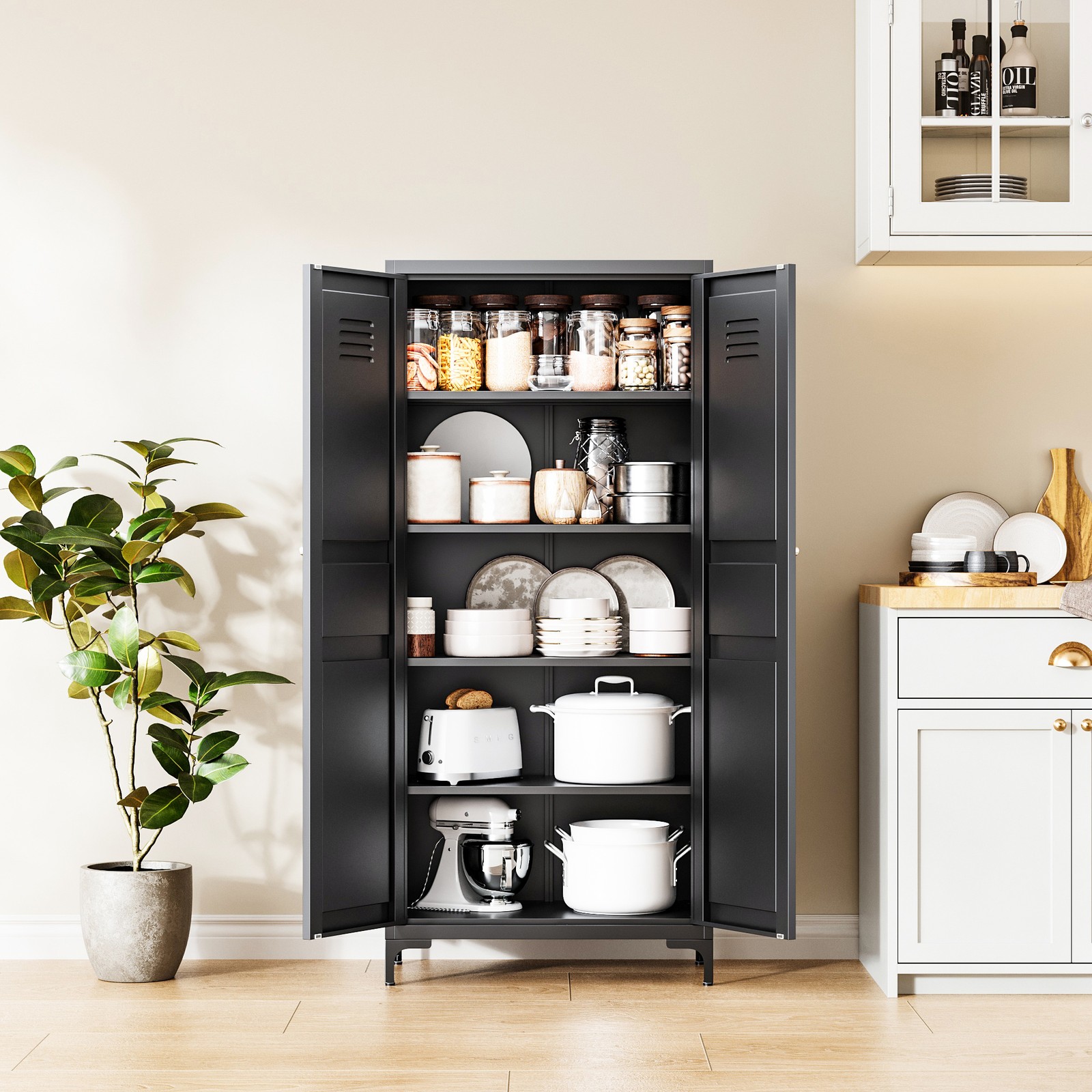 White Metal Pantry Cabinet with 4 Adjustable Shelves, Tall Freestanding Storage