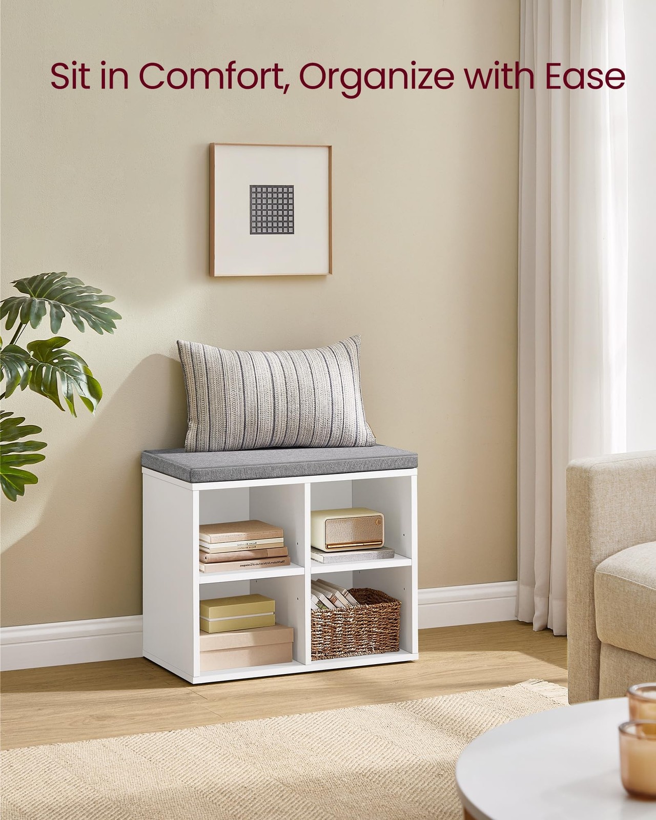 VASAGLE Shoe Bench Cloud White 4 Compartments 2 Adjustable Shelves ULHS234W01
