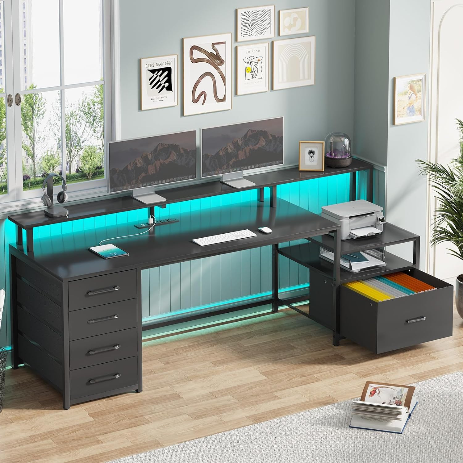 SEDETA Computer Desk with 5 Drawer, Power Outlet & Led Lights, 66” Home Office