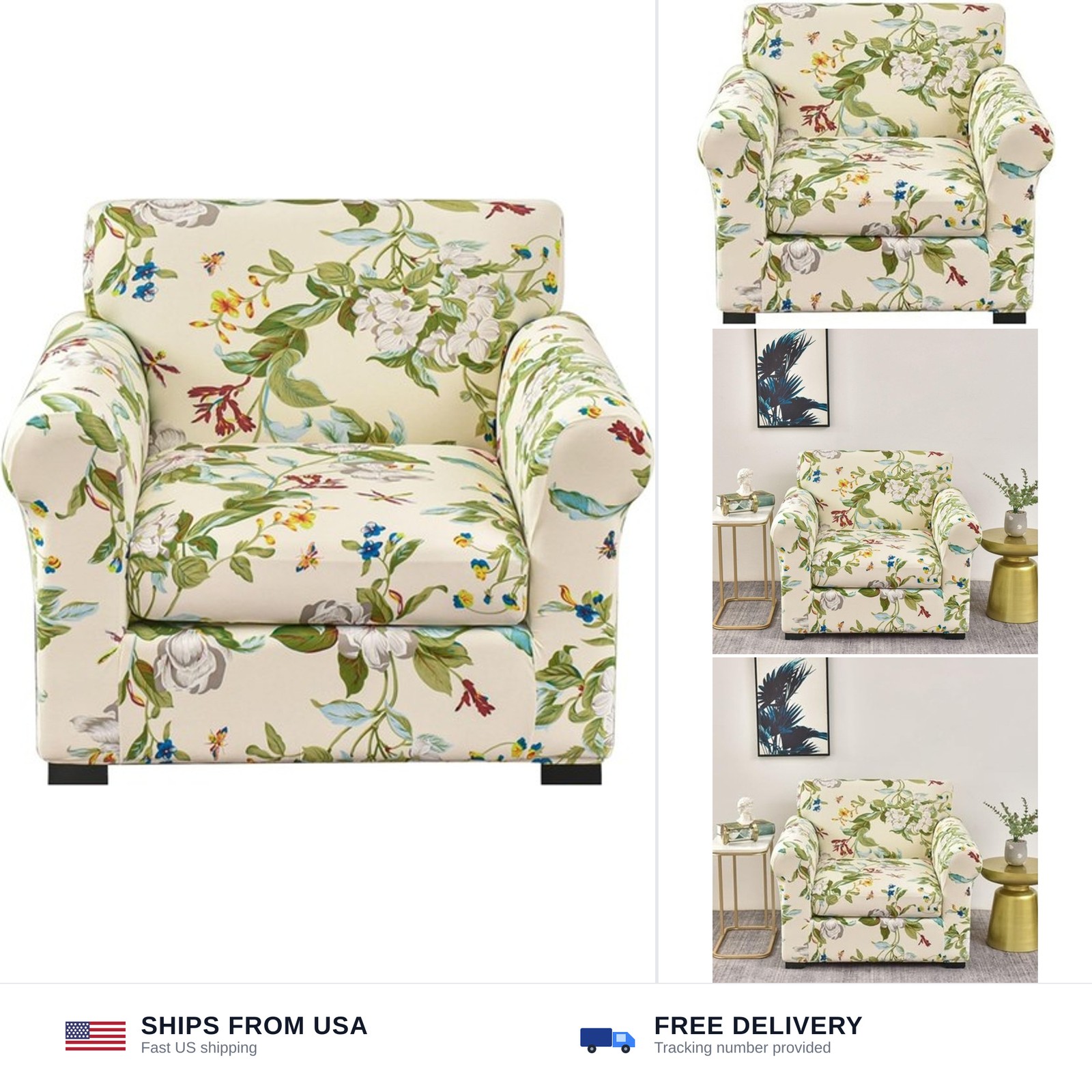 HOTNIU 2 Pieces Stretch Chair Covers (1 Chair Cover + 1 Cushion Cover) Non-Sl…