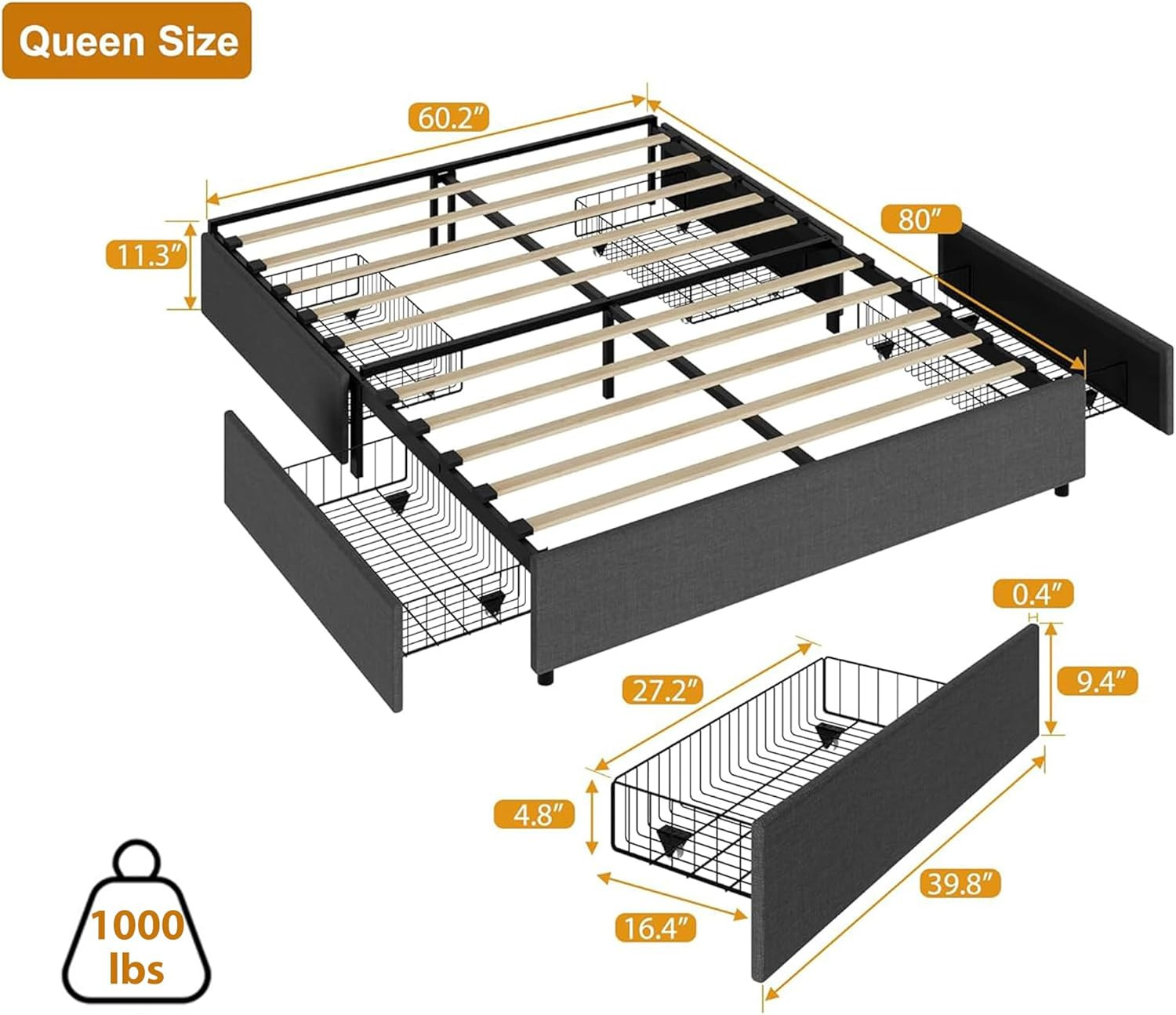 Queen Upholstered Platform Bed Frame with 4 Storage Drawers – No Box Spring Need