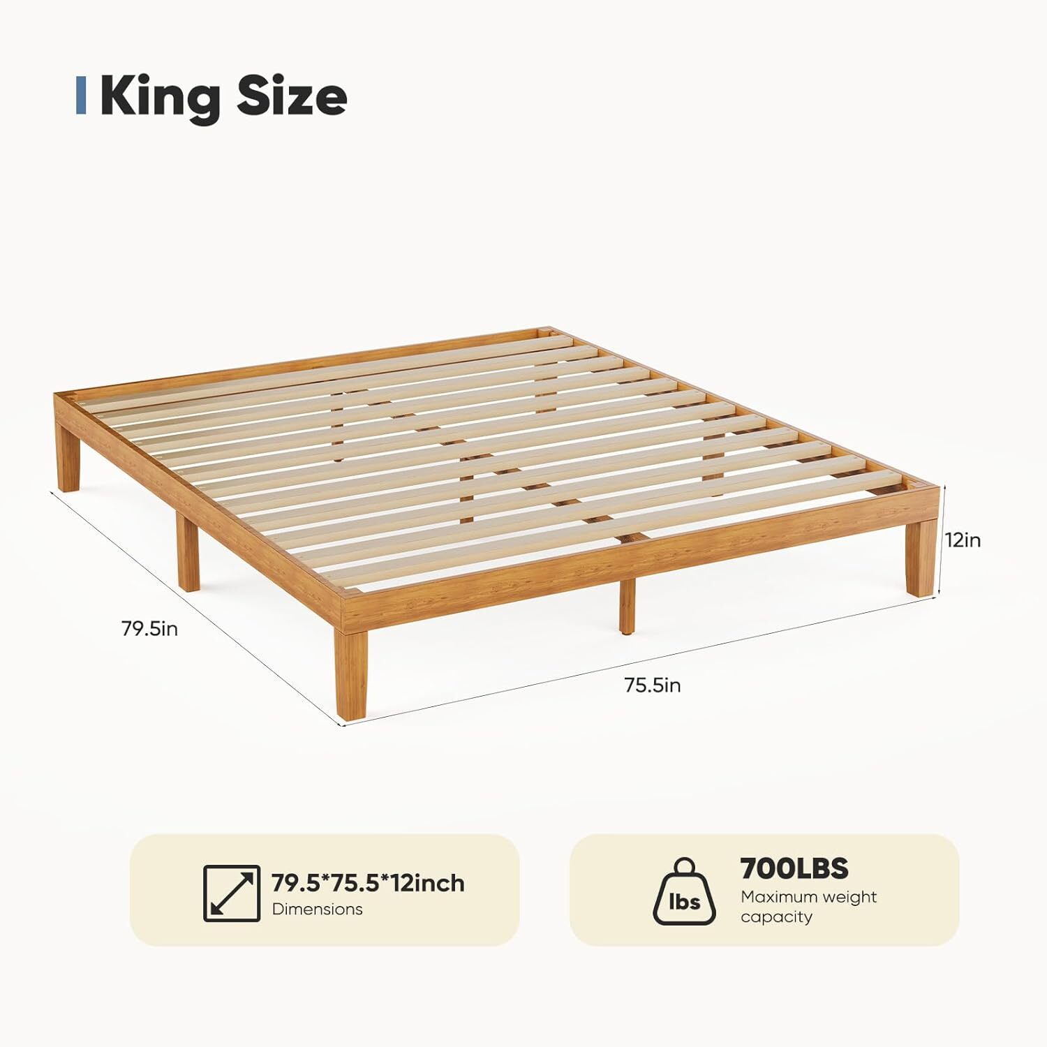 Twin Full Queen King Wood Bed Frame 12in Wooden Platform Bed with Support Slats