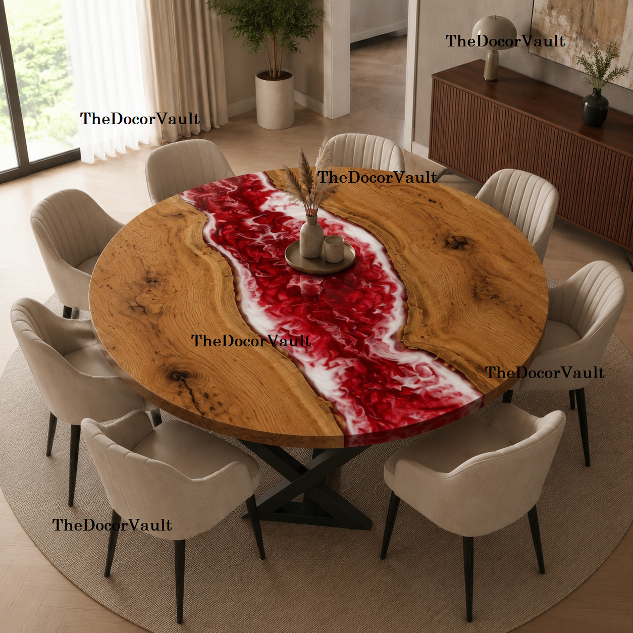 Round Live Edge Wood Ruby Red Epoxy River Dining Table Top Handmade Custom Burl