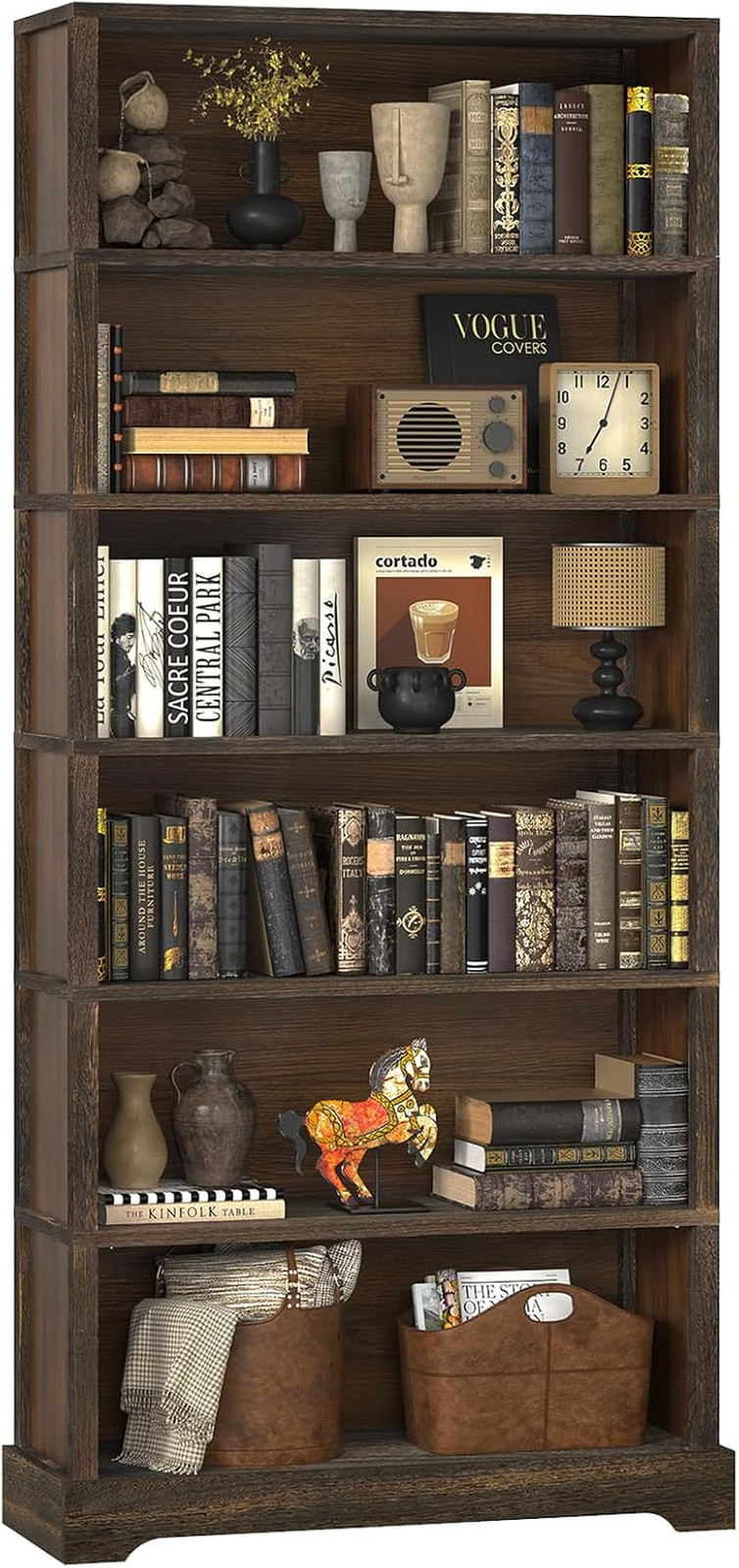 Tall Rustic 6-Tier Wooden Bookcase – Farmhouse Style Bookshelf, 77.2