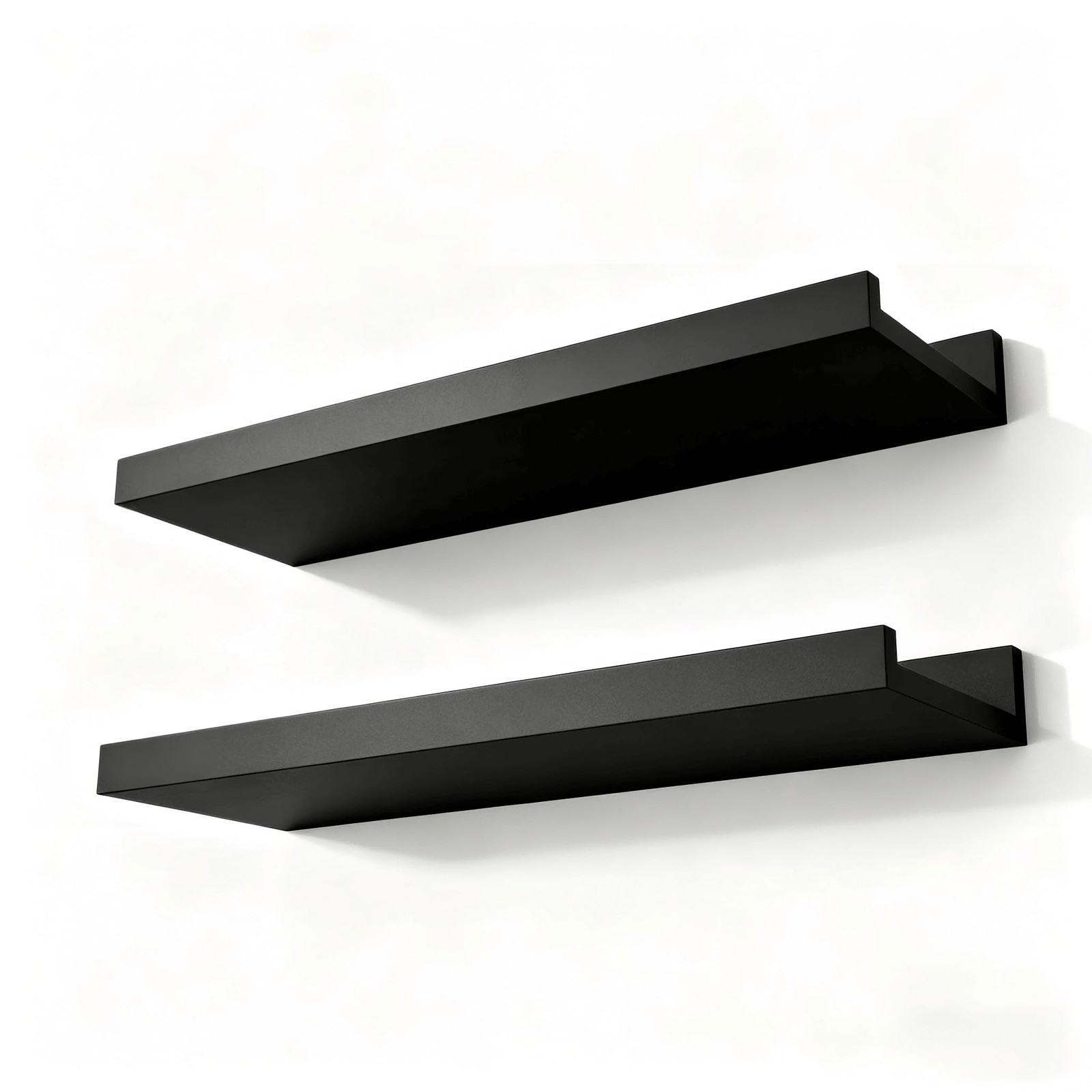 Black Floating Shelves for Wall Decor, 14 in Shelf with Lip Set of 2
