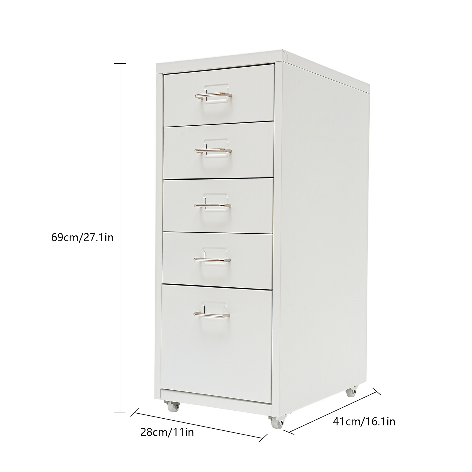5-Drawer White Metal Storage Cabinet Rolling File Organizer 28 × 41 × 69 cm